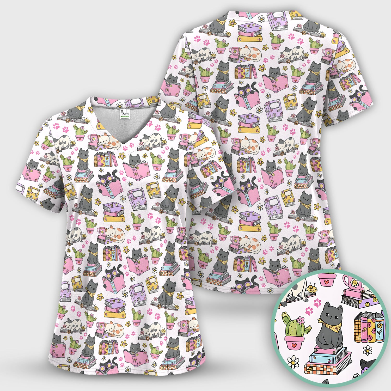 Cute Cat Book Cactus Seamless Pattern Scrub Set, Scrub Pants and V Neck Top