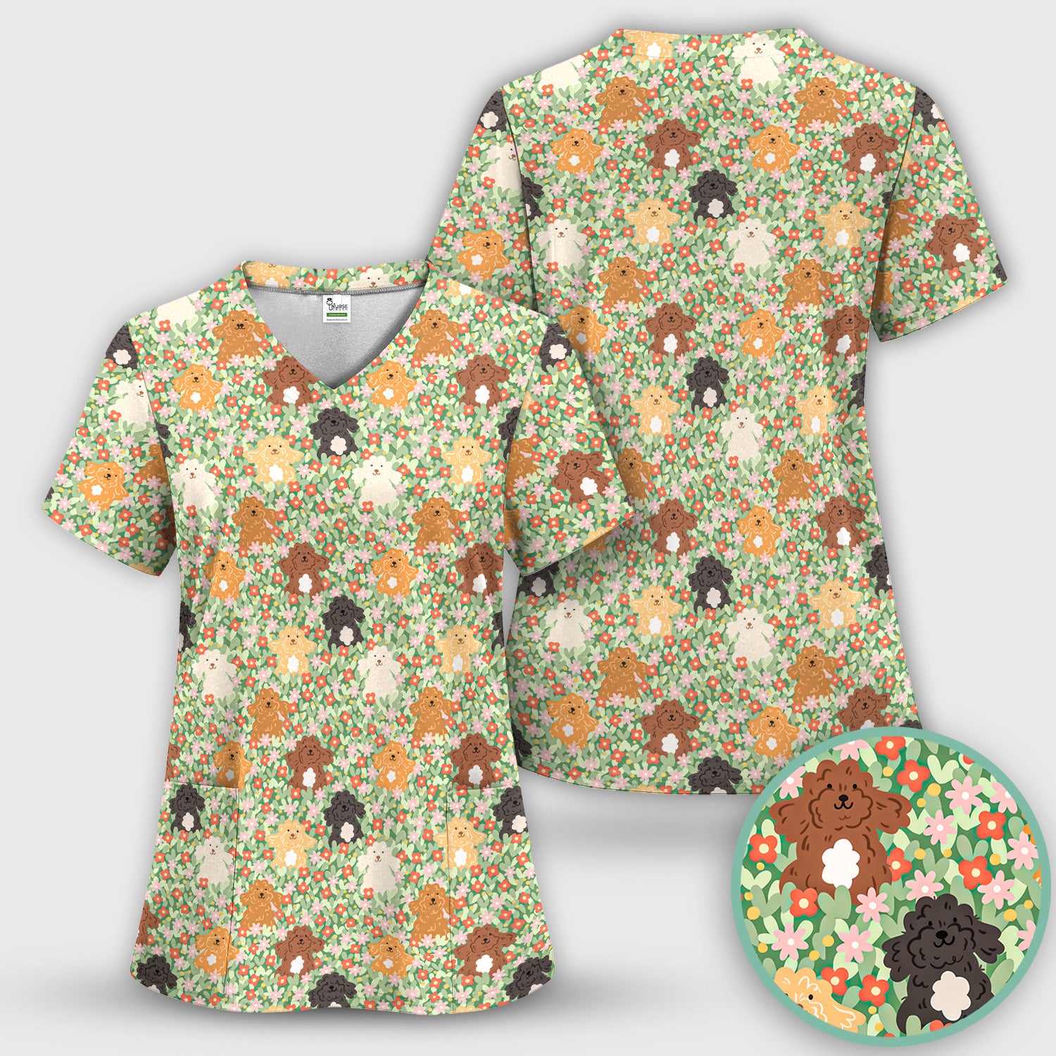Cute Poodle Dogs Floral Pattern Scrubs Sets, Breathable Med Uniform