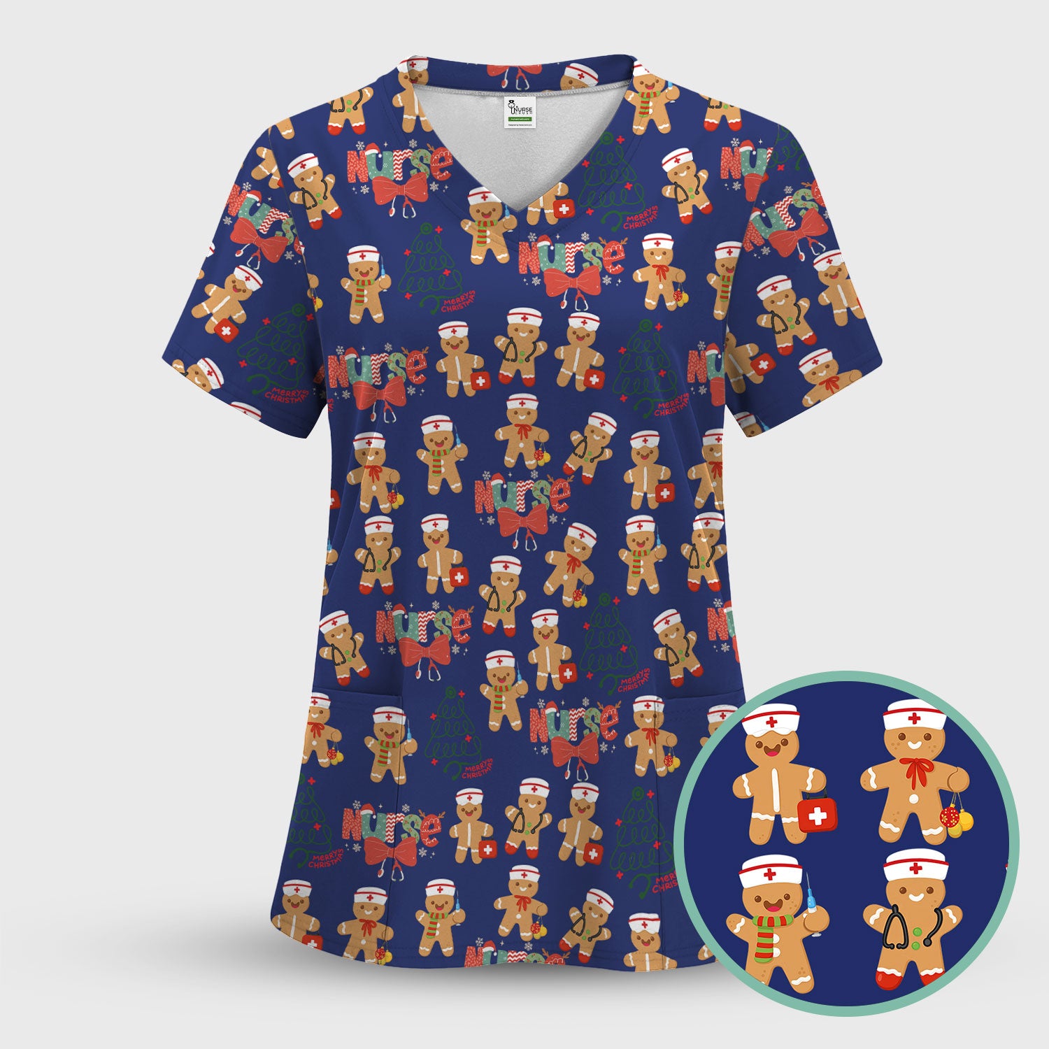 Christmas Nurse Scrub Top - Gingerbread Cookie Holiday Shirt - Medical Gift for CNA RN LPN Healthcare Workers