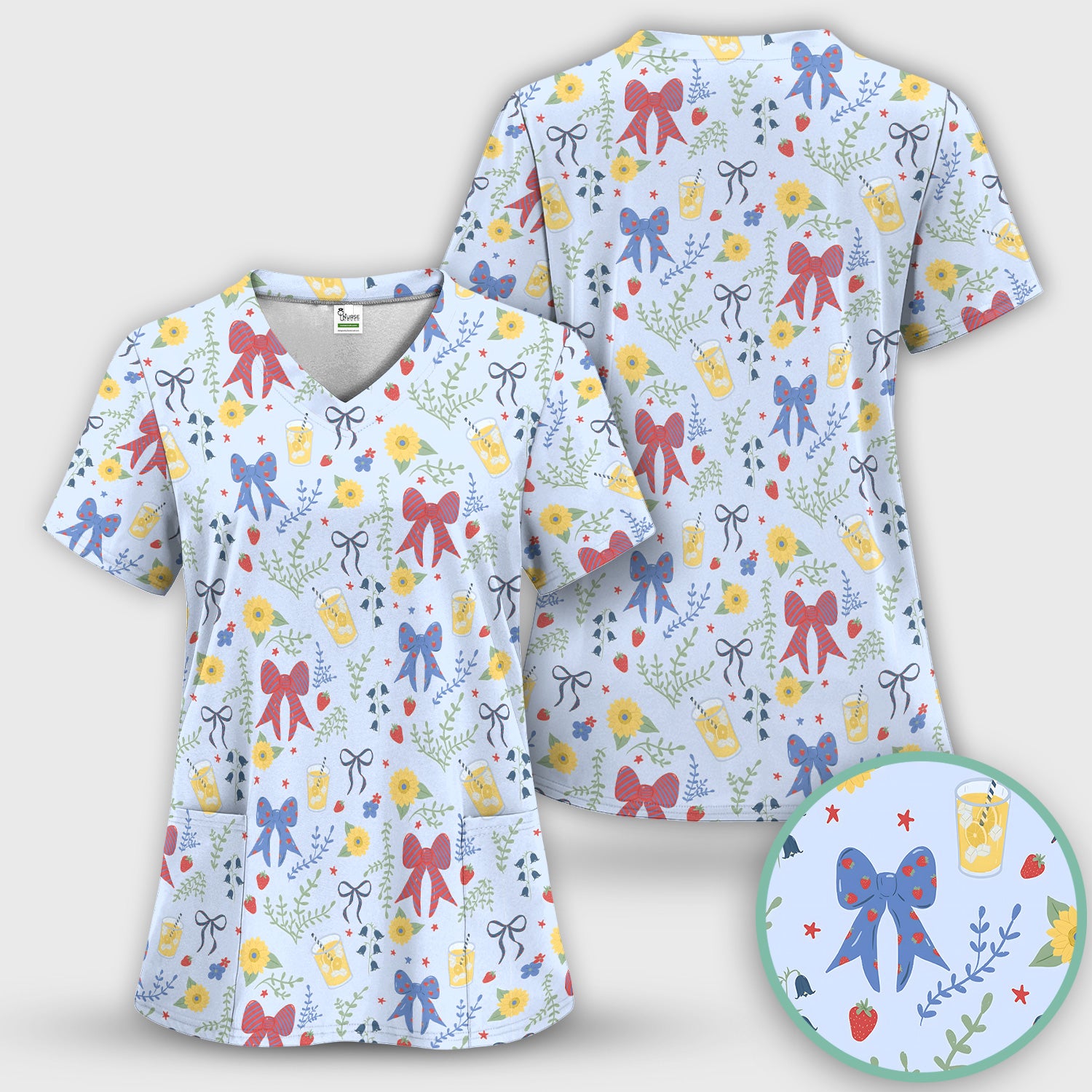 Sweet Summer Bow Nurse, Lemonade Floral Medical Scrub Top, Comfortable Scrubs for Nurses
