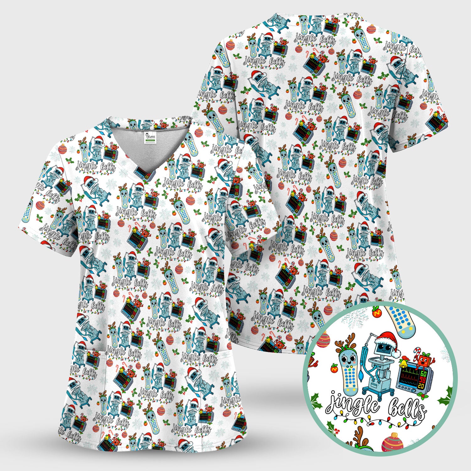 Jingle Bells Christmas Scrub Top - Funny Xmas Scrubs for Nurses - Breathable Fabrics Nursing Uniform for RN CNA LPN