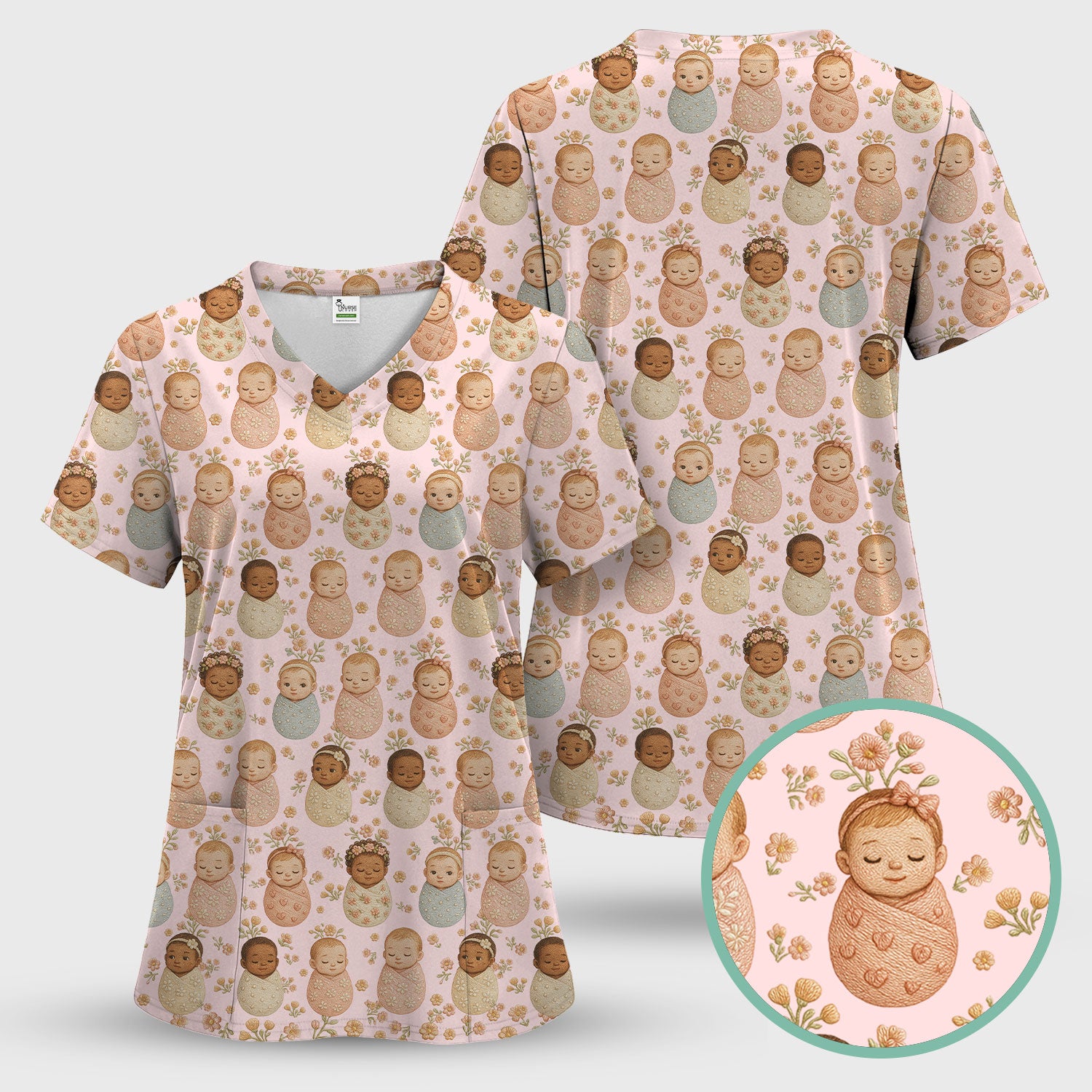 Sweet Newborn Baby Floral Print Nurse Scrub Top, Comfortable Scrubs for Nurses