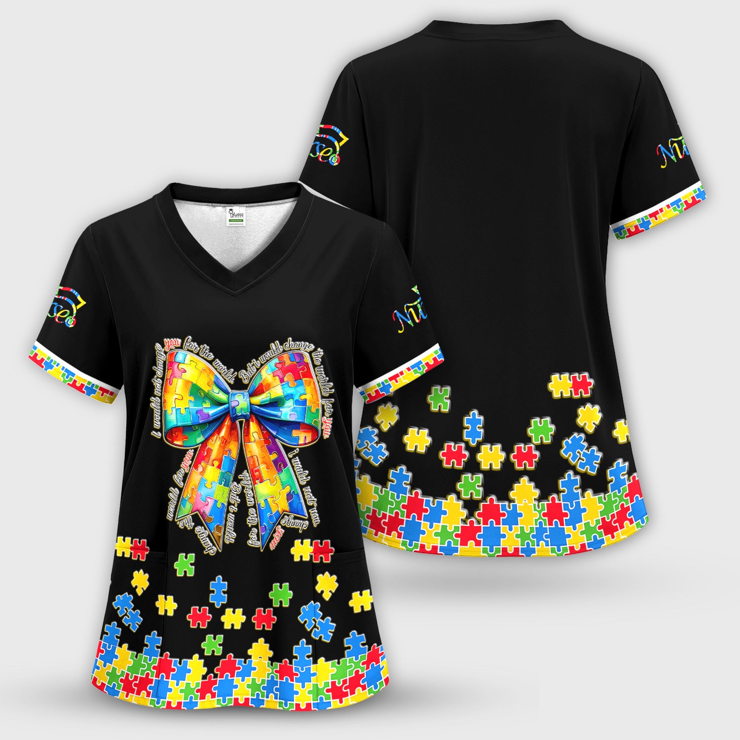 Autism Puzzle Bow Colorful Pieces Print Scrub Set, Breathable Med Uniform