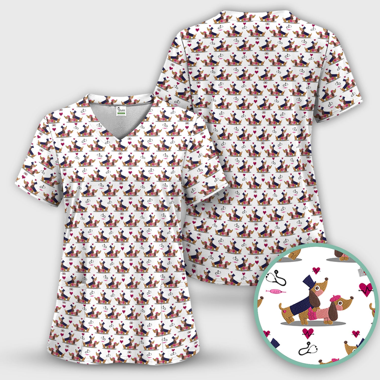 Cute Dachshund Valentine Nurse Scrub Top - Funny Gift for Women