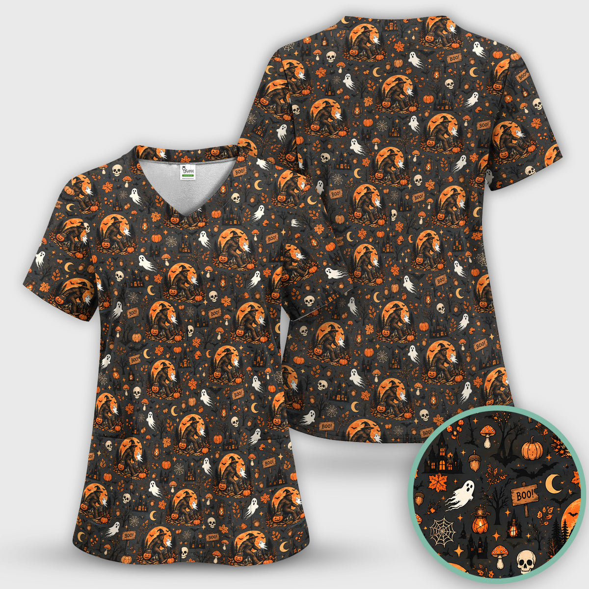 Halloween Bigfoot Ghost with Pumpkin Scrub Top, Comfortable Scrubs for Nurses