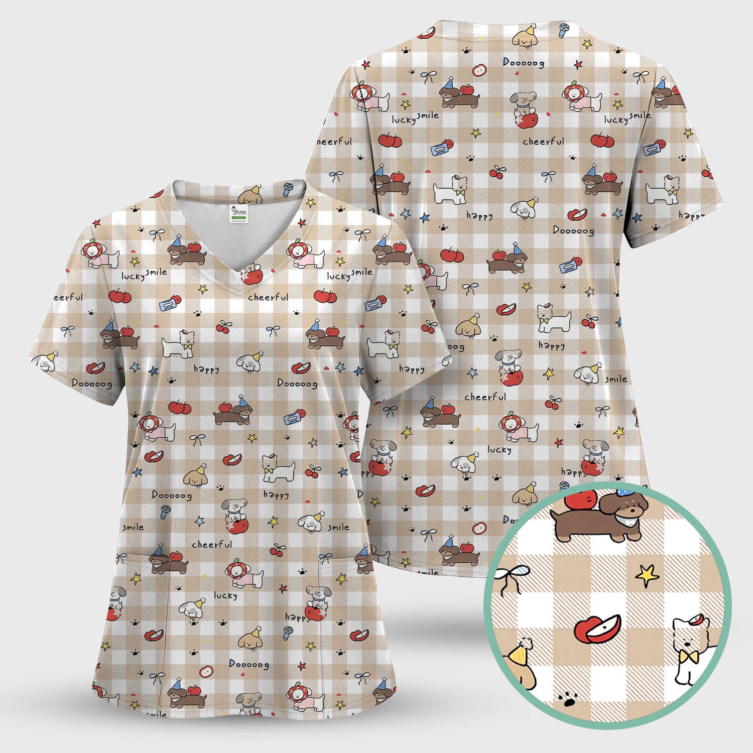 Cute Nurse Cartoon Puppy Apple Gingham Scrub Top, Breathable Fabrics Nursing Uniform