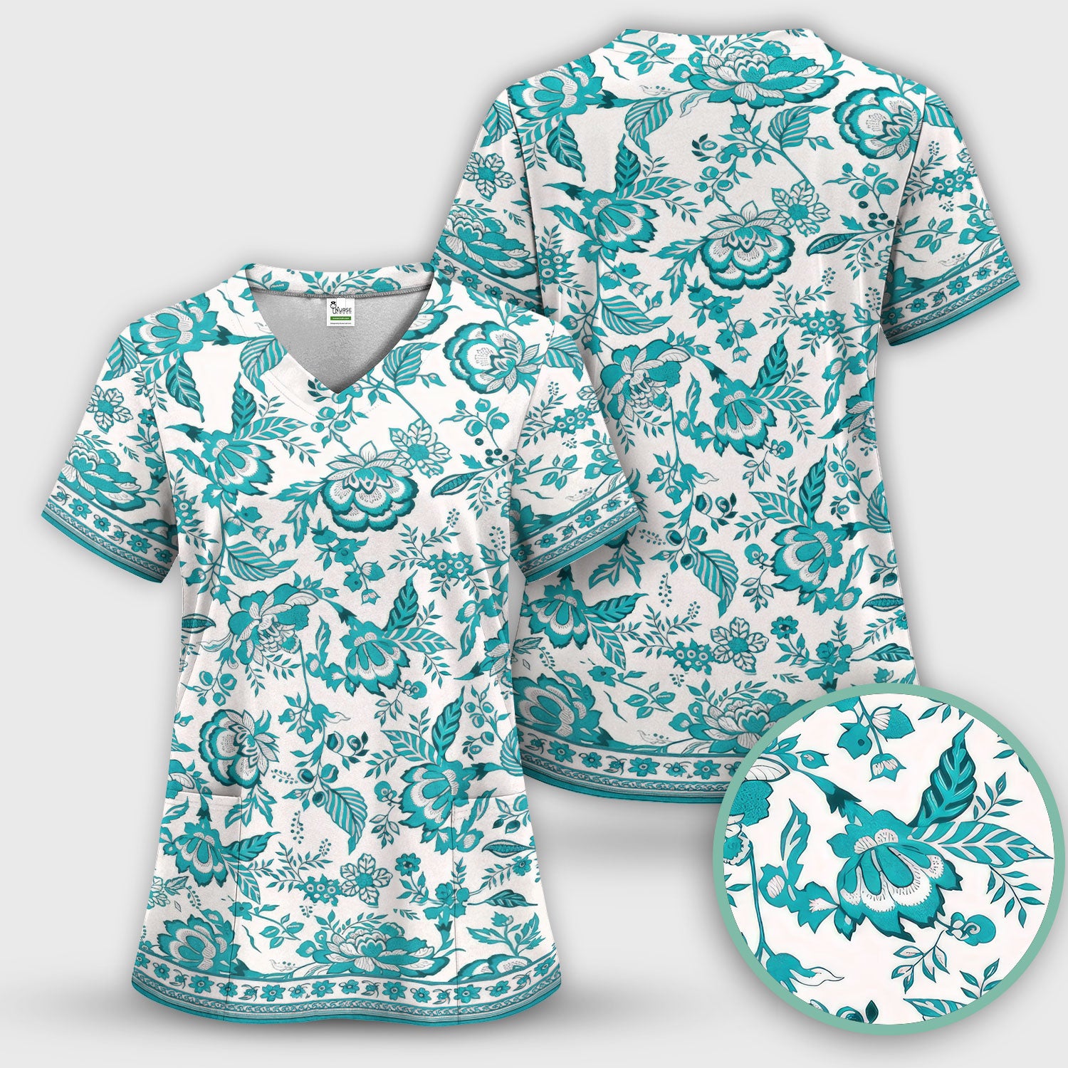 Toile De Jouy Scrub Set For Women, Floral Pattern Nurse Shirt, Comfortable Scrubs For Nursing