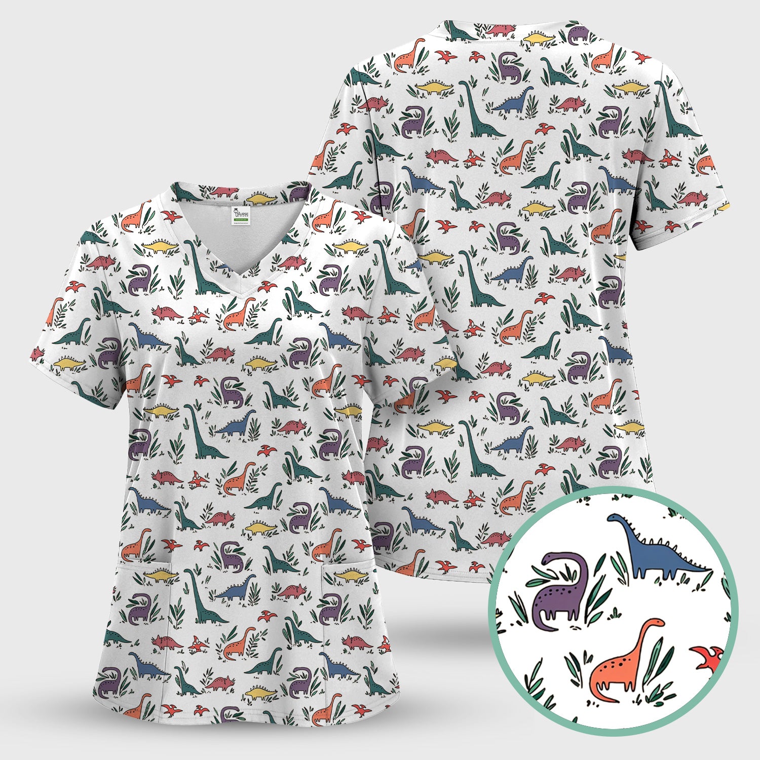 Cute Dinosaur Leafy Garden Pattern Scrub Set, Breathable Fabrics Nursing Uniform
