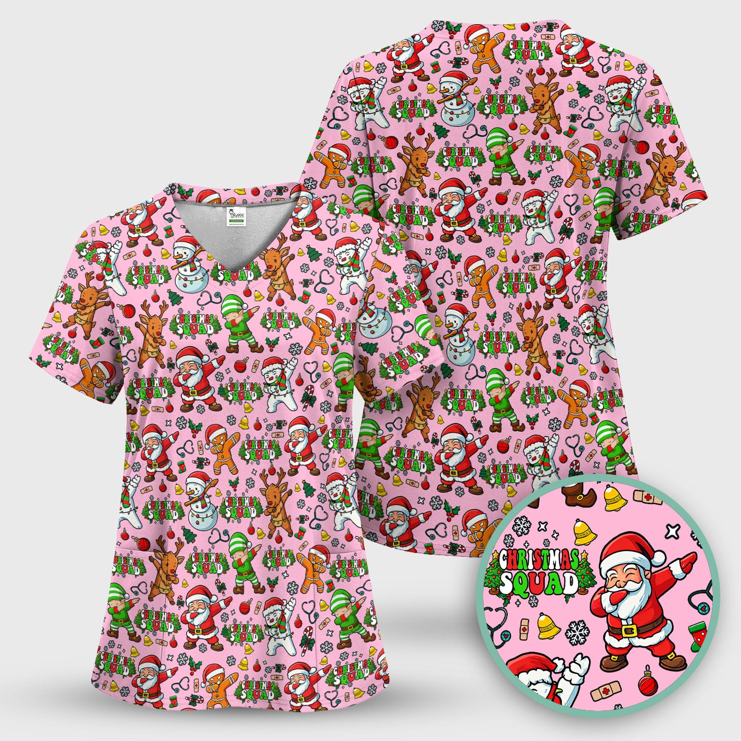 Christmas Squad Scrub Top - Dancing Santa, Reindeer & Elf Shirt - Funny Holiday Medical Uniform for Nurses, Doctors & Vet Techs