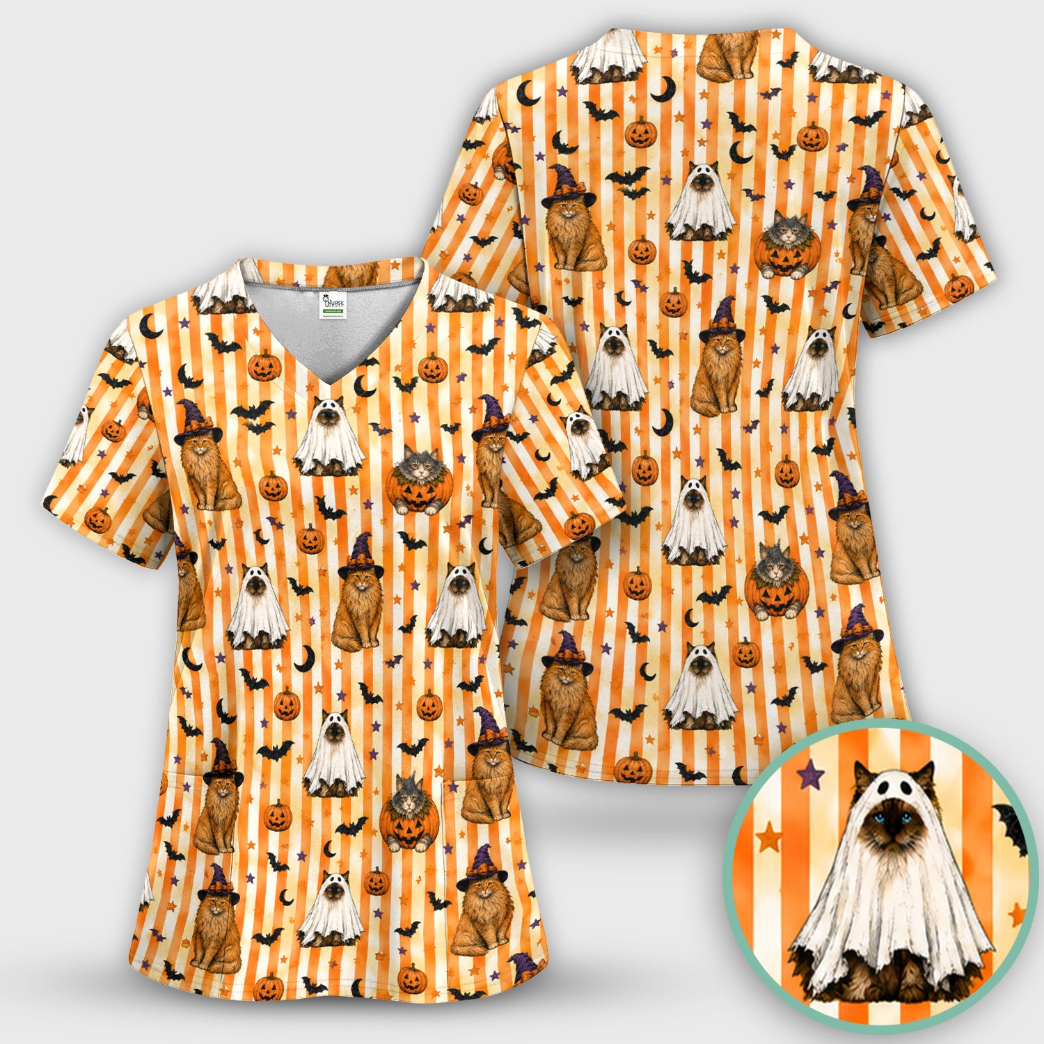 Halloween Cat Print Scrub Top, Comfortable Scrubs for Nurses