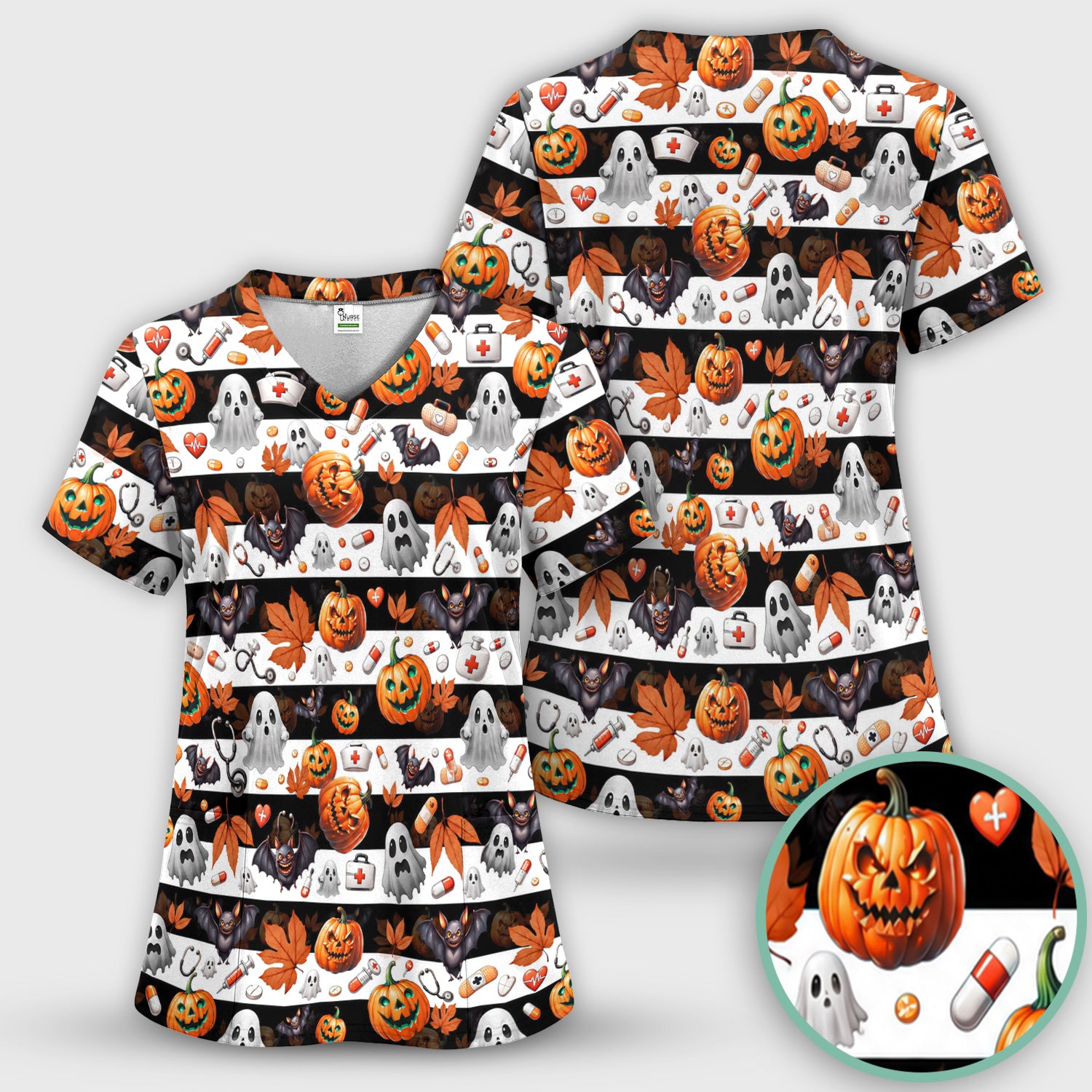 Halloween Ghost And Medical Icons Scrub Set, Scrub Pants and V Neck Top