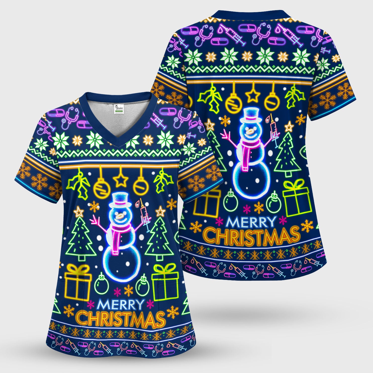 Neon Snowman Christmas Scrub Top for Nurses - Merry Christmas Holiday Lights Pattern - Funny Festive Medical Uniform for RN LPN CNA