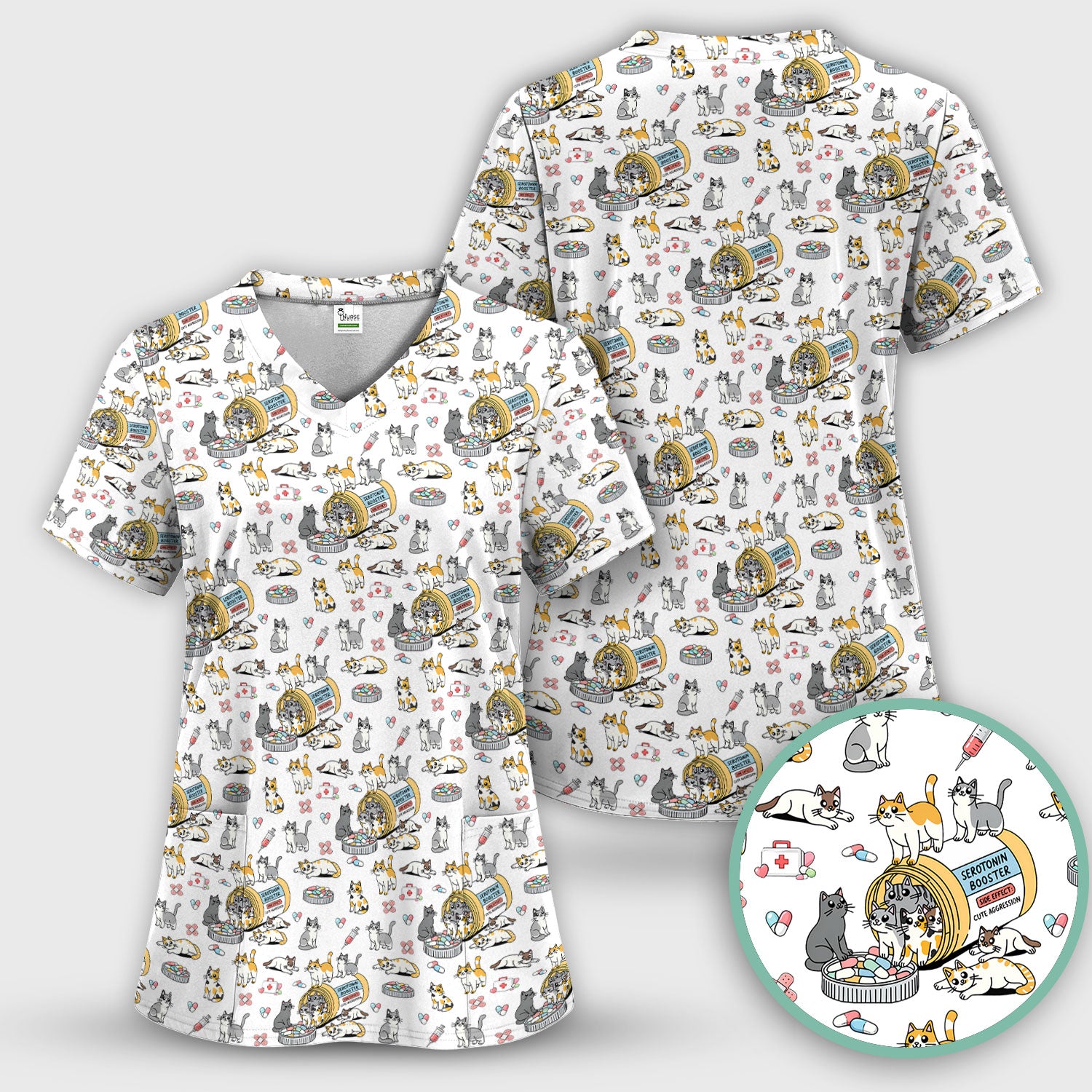 Cute Cat Serotonin Booster Pattern Scrub Top, Comfortable Scrubs for Nurses