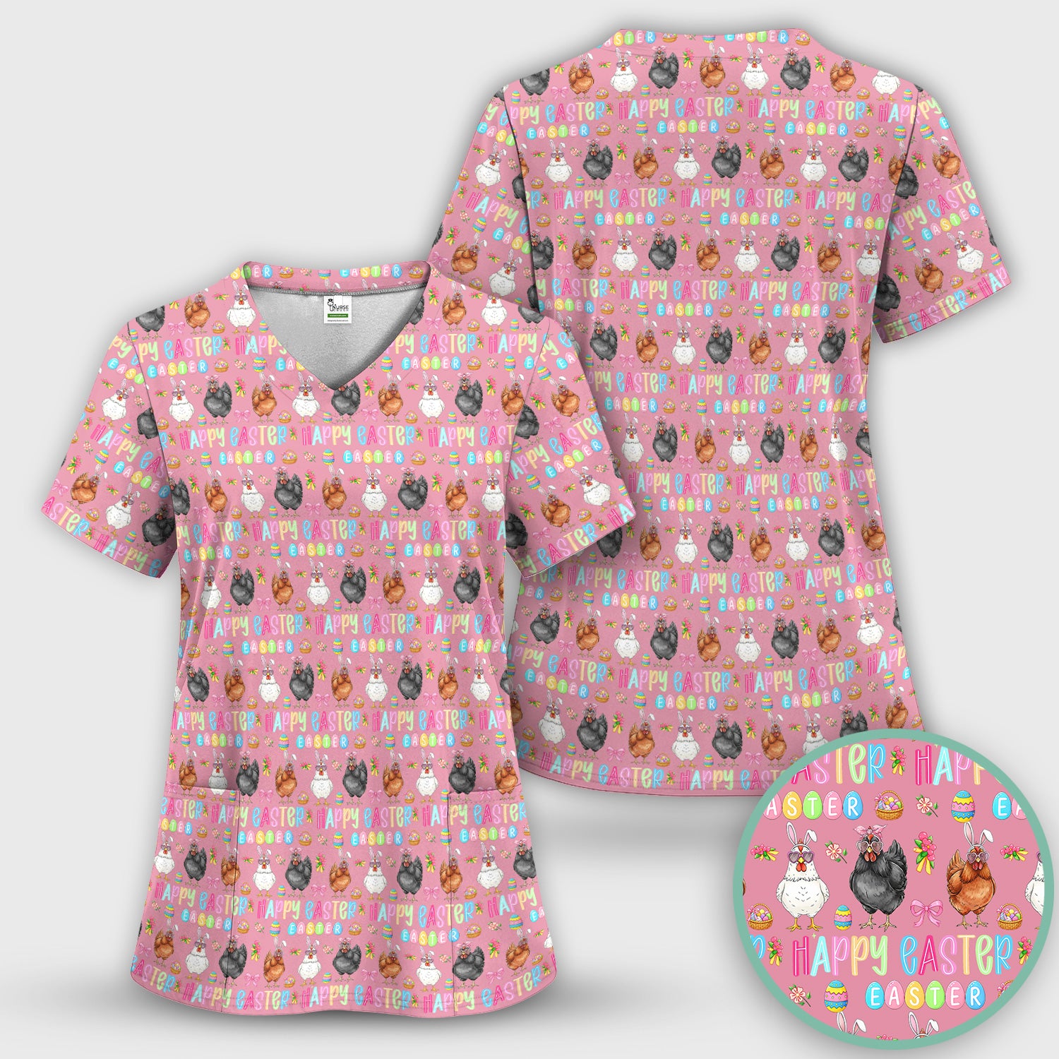 Happy Easter Bunny Eggs Pattern Scrubs Top, Comfortable Scrubs for Nurses
