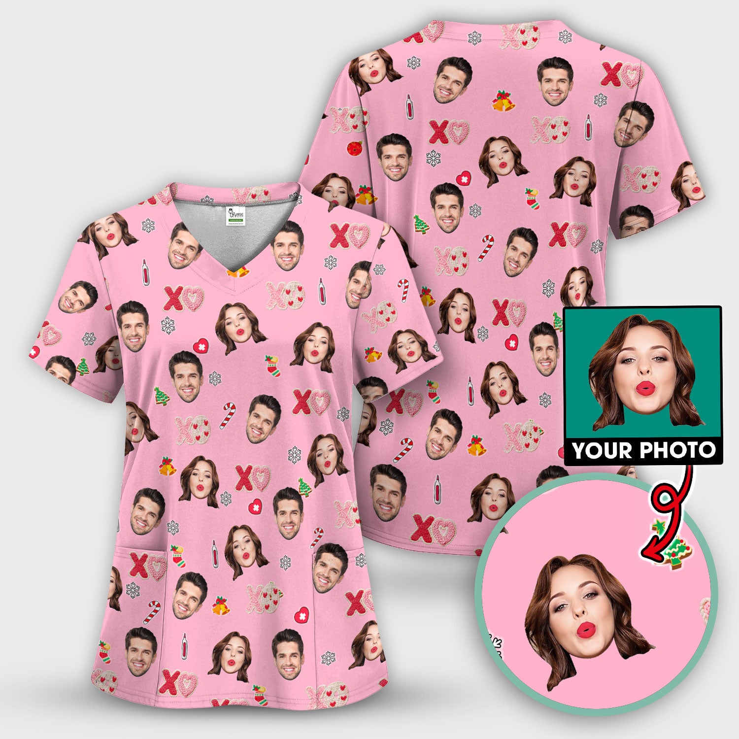 Personalized Photo Scrub Top, Custom Face XOXO Scrub Shirt, Breathable Fabrics Nursing Uniform
