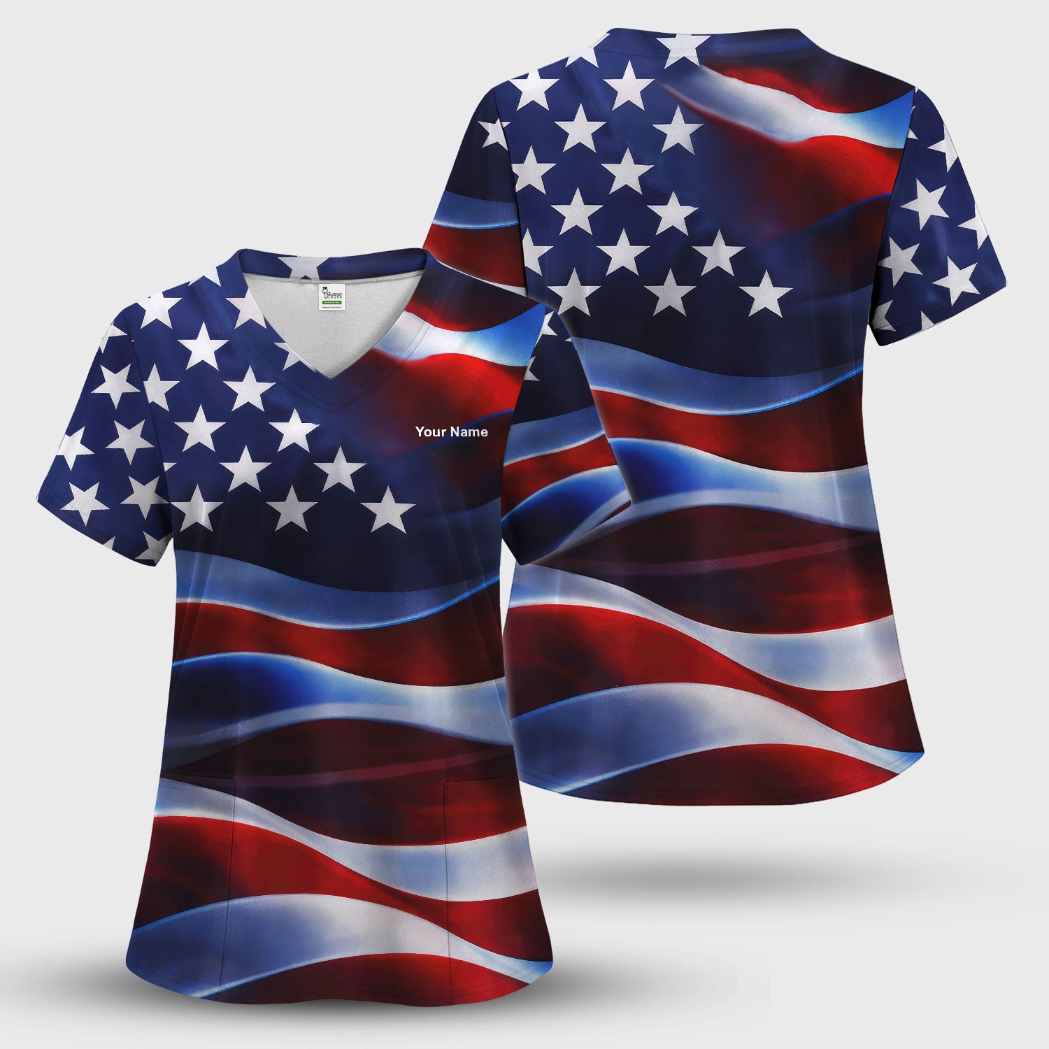 Personalized American Flag Stars Stripes Pattern Nurse Scrub Set, Scrub Pants and V Neck Top