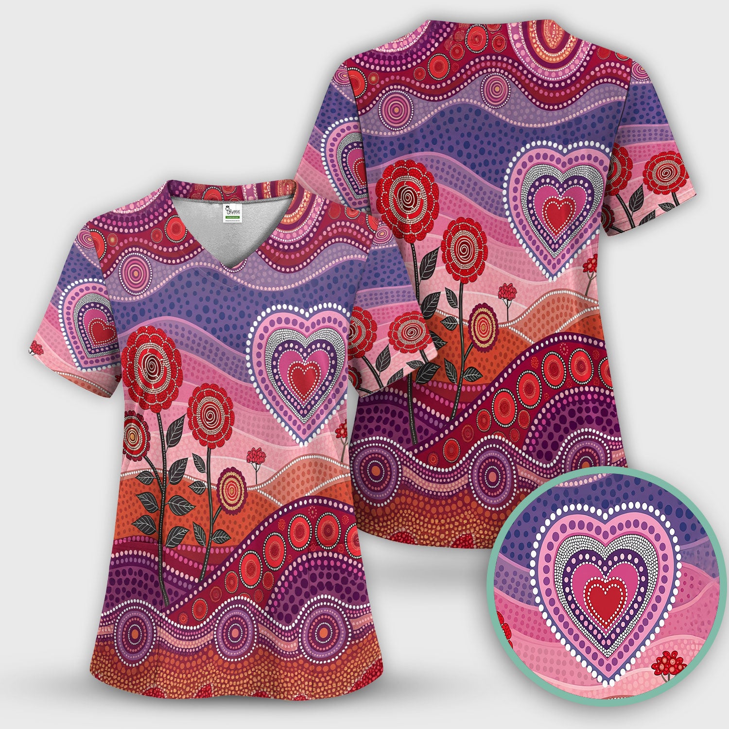 Boho Dot Art Valentine Scrub Top, Artistic Heart Pattern Nurse Shirt, Comfortable Scrubs For Nursing