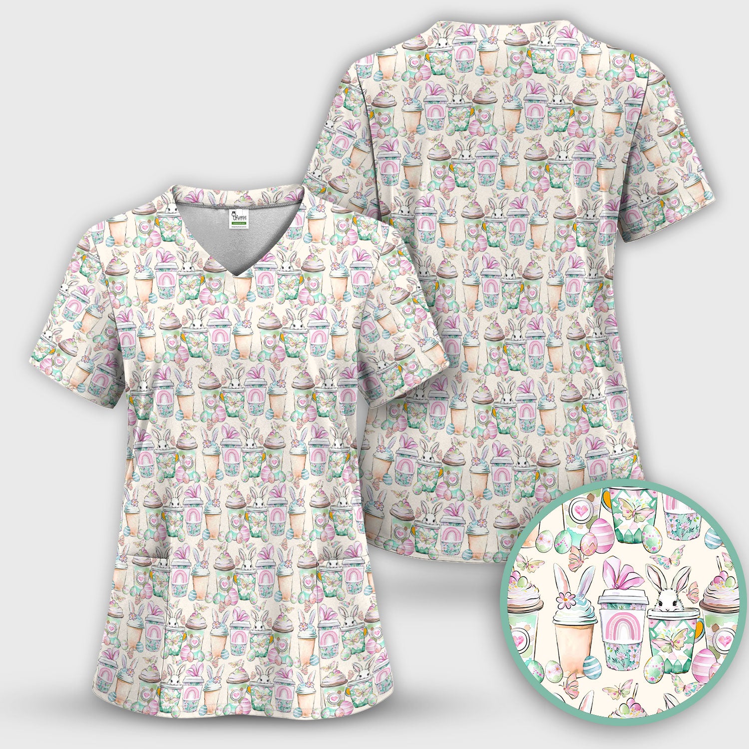 Cute Easter Bunny Coffee Cup Pattern Scrub Sets, Scrub Pants and V Neck Top