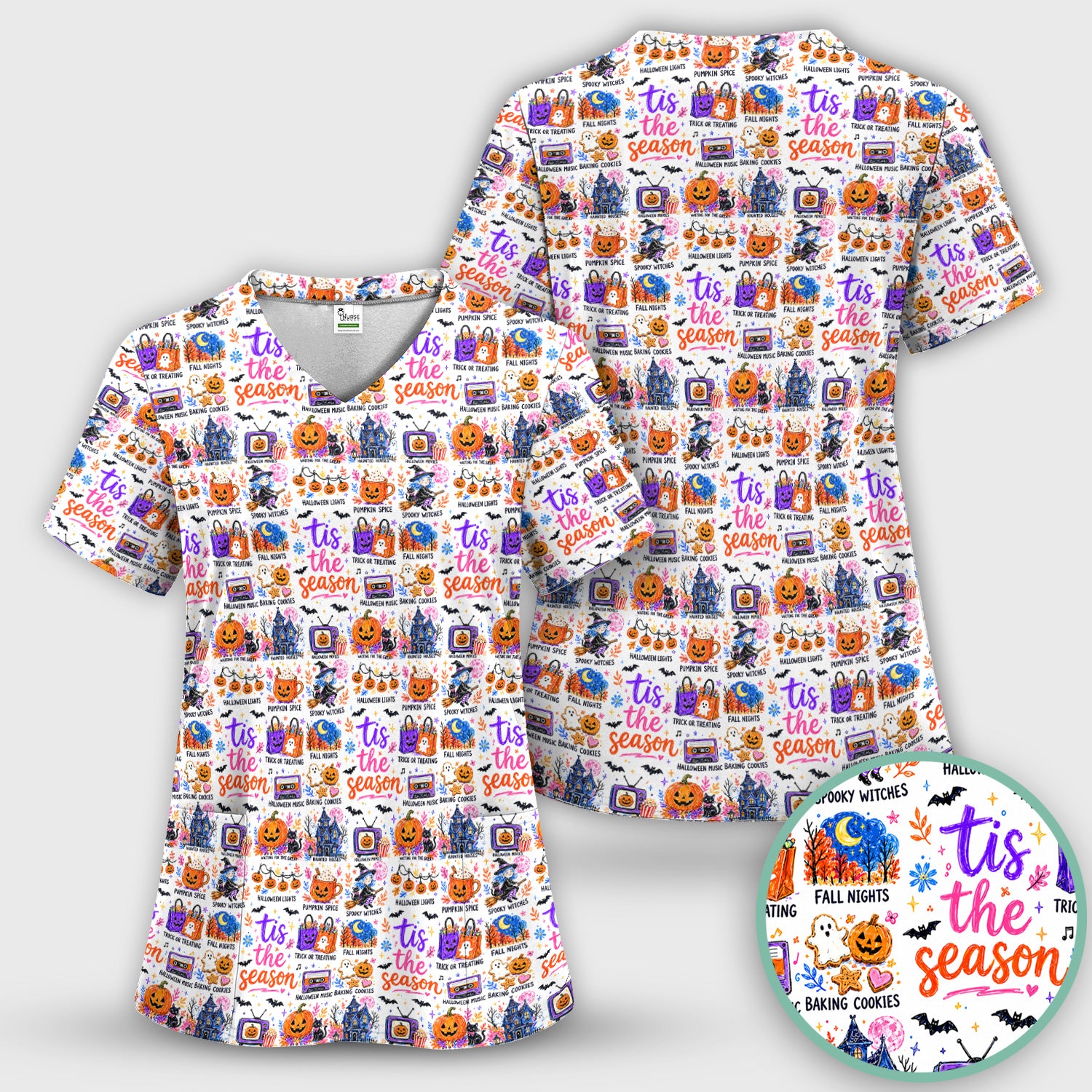 Pumpkin Ghost Spooky Season Print Scrub Set, Scrub Pants and V Neck Top