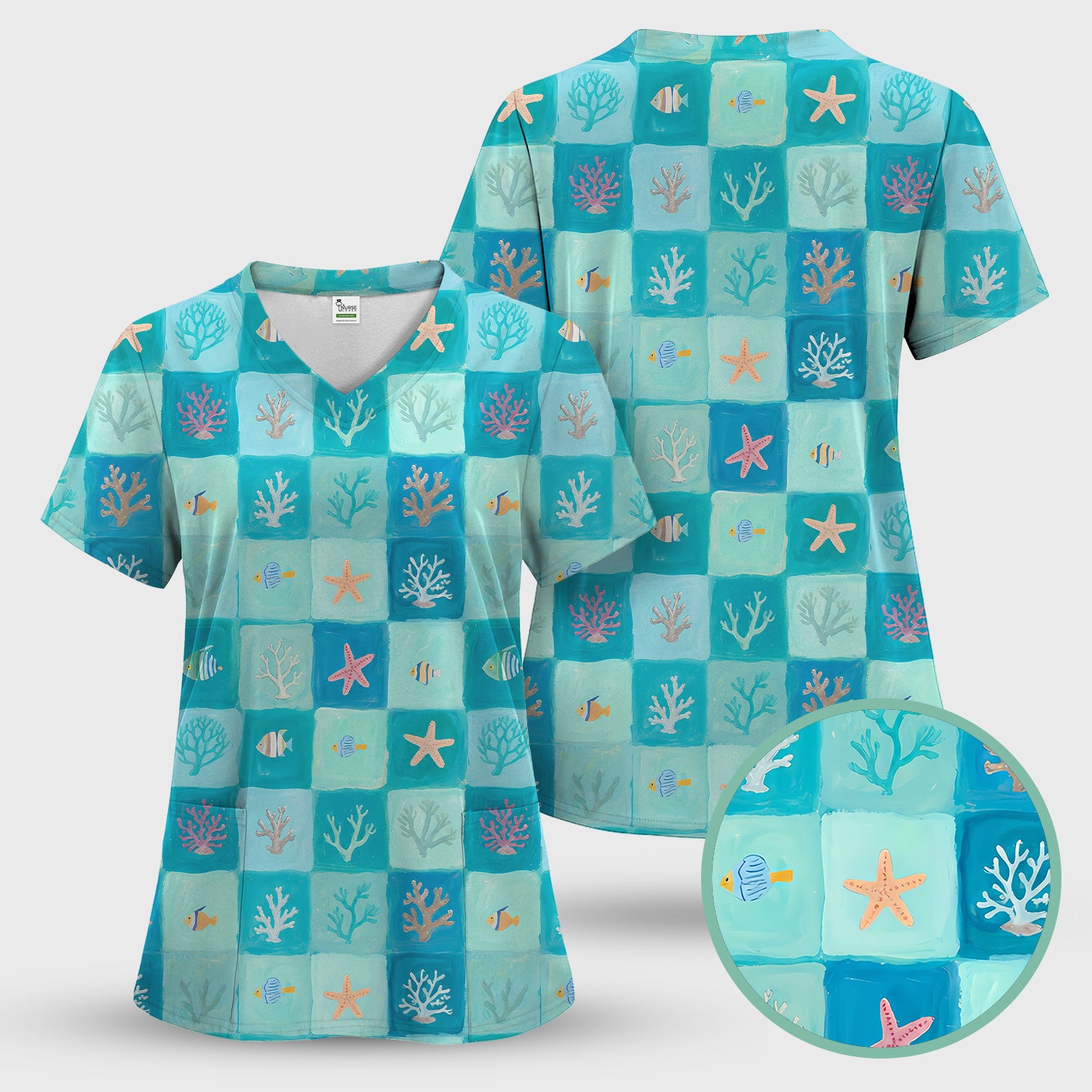 Ocean Coral Fish Checkered Pattern Scrub Top, Comfortable Scrubs for Nurses