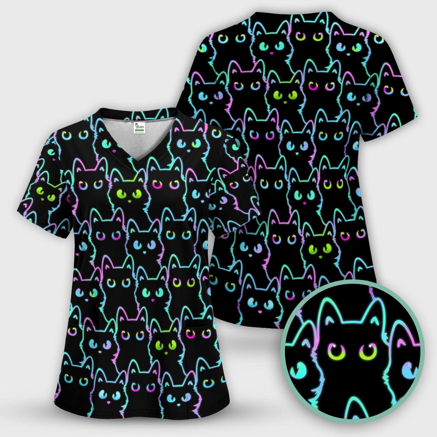 Neon Cat Pattern Scrub Top, Black Cat Scrub Shirt, Breathable Fabrics Nursing Uniform