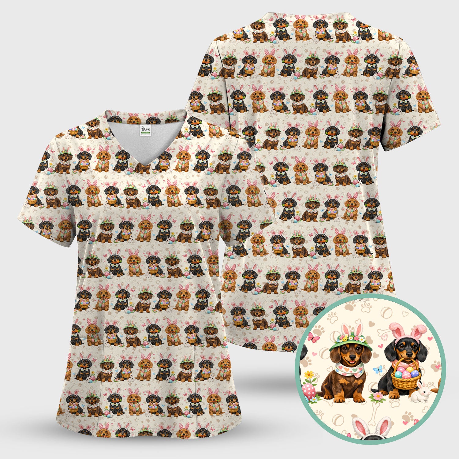 Cute Easter Dachshund Dog Bunny Print Scrub Top, Breathable Fabrics Nursing Uniform