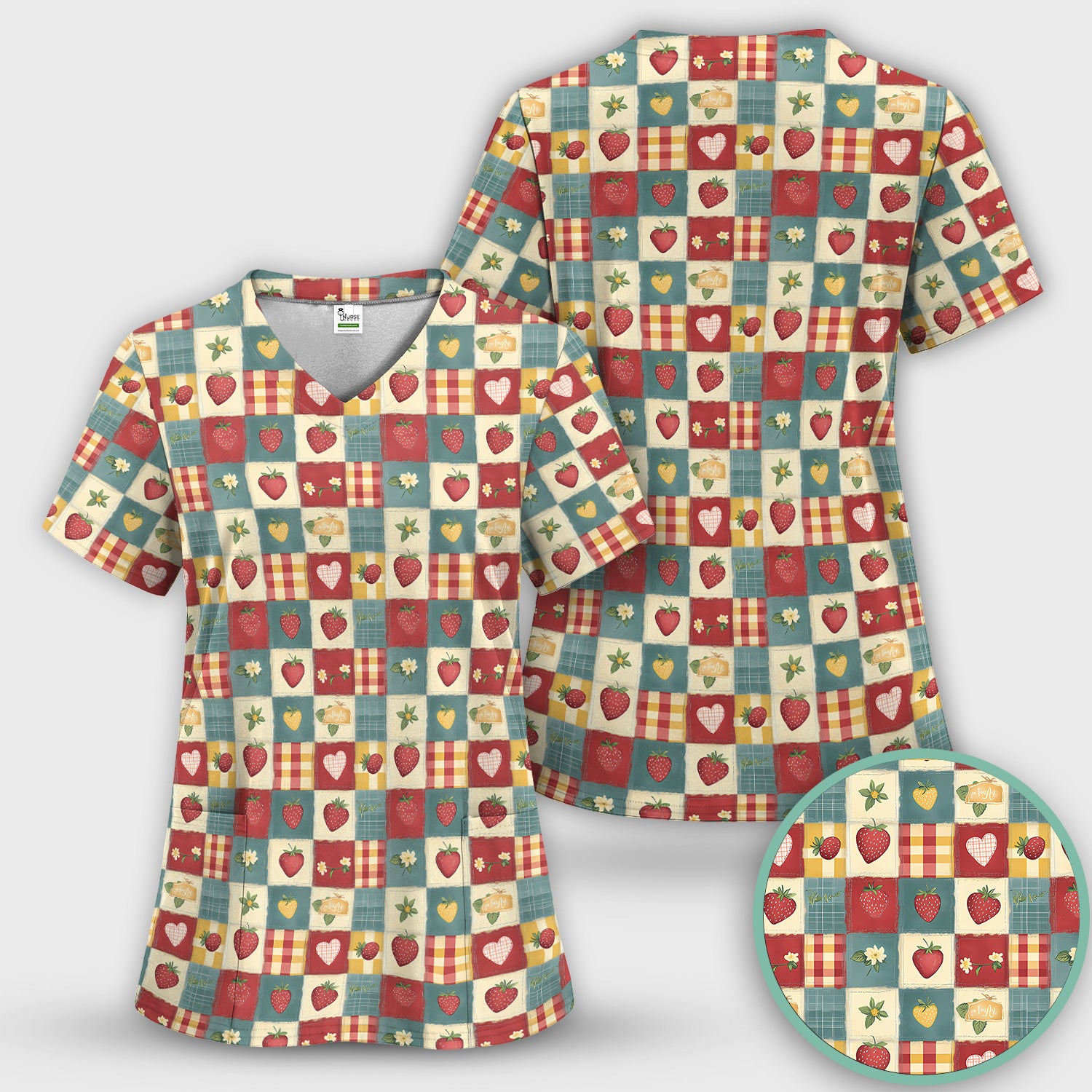 Cute Strawberry Floral Patchwork Pattern Scrubs Top, Comfortable Scrubs for Nurses
