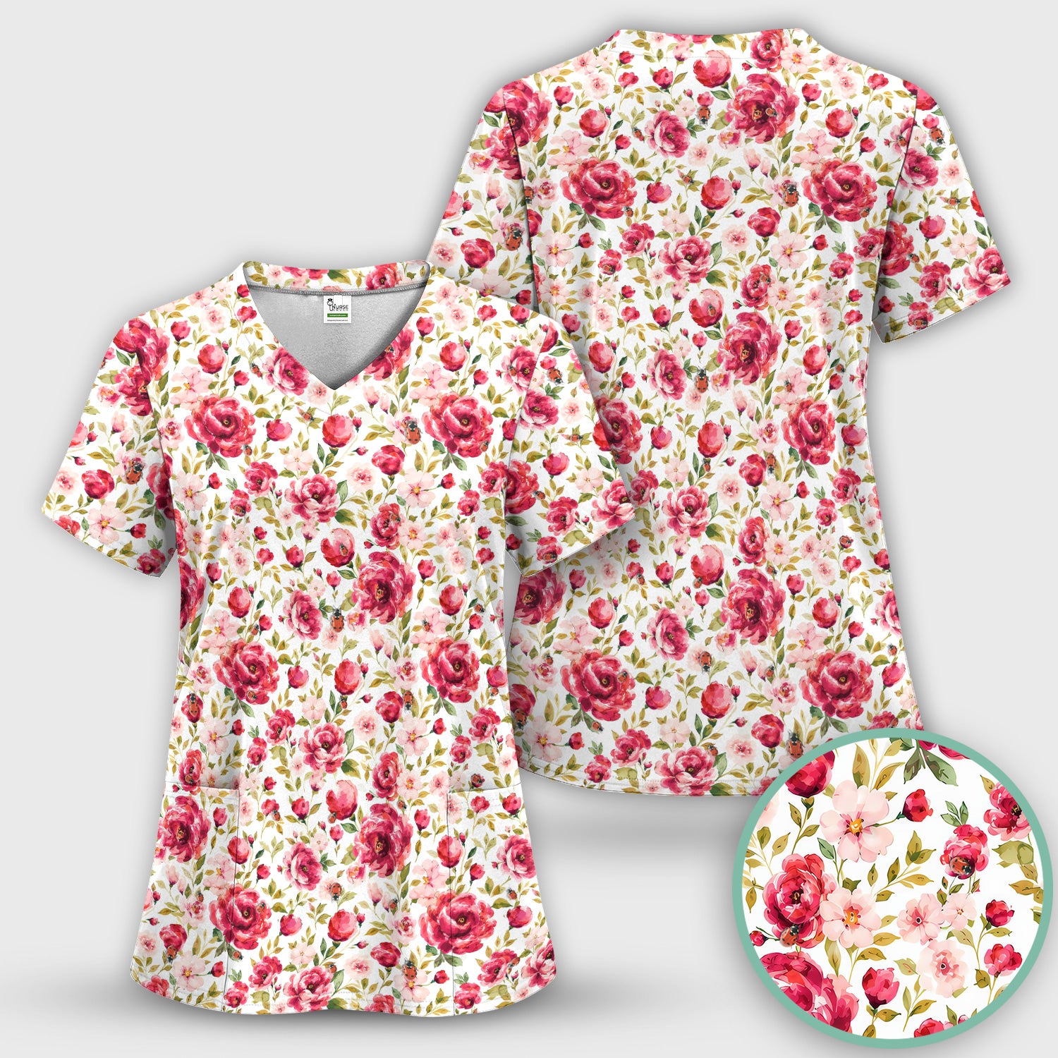 Pink Rose Ladybug Garden Pattern Scrub Top, Comfortable Scrubs for Nurses