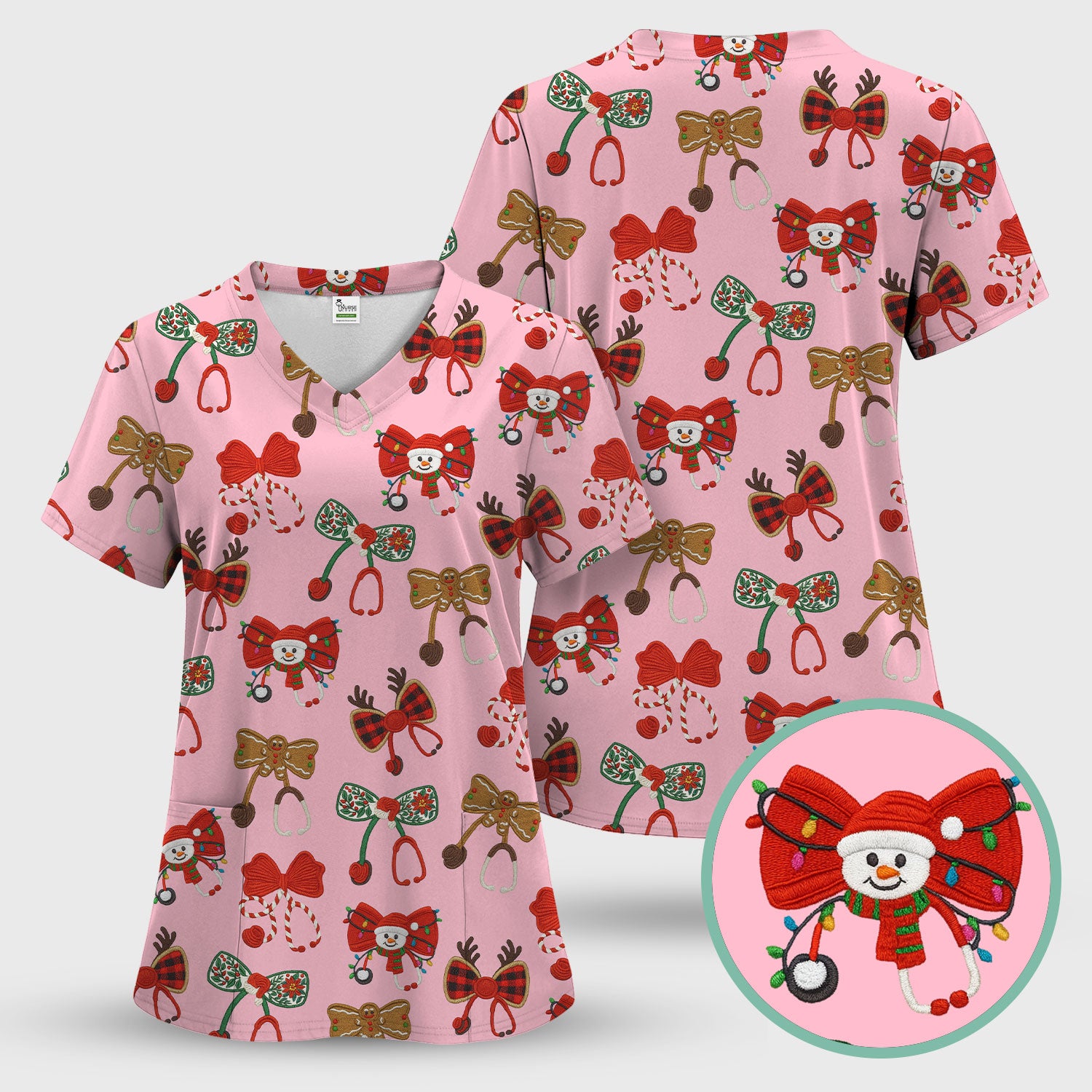 Christmas Stethoscope Bow Nurse Scrub Top, Xmas Pattern Scrub Shirt, Holiday Nursing Uniform