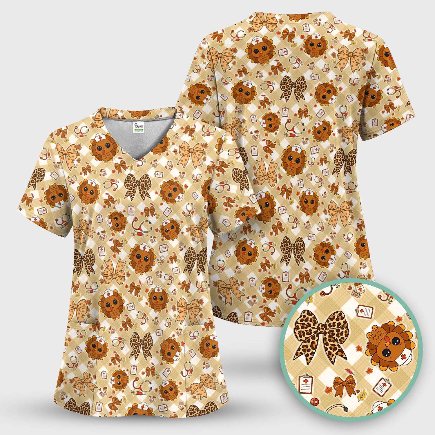 Thanksgiving Turkey Scrub Top for Nurses - Cute Fall Leaves and Bow Shirt - Funny Autumn Nursing Gift for Women RN LPN CNA