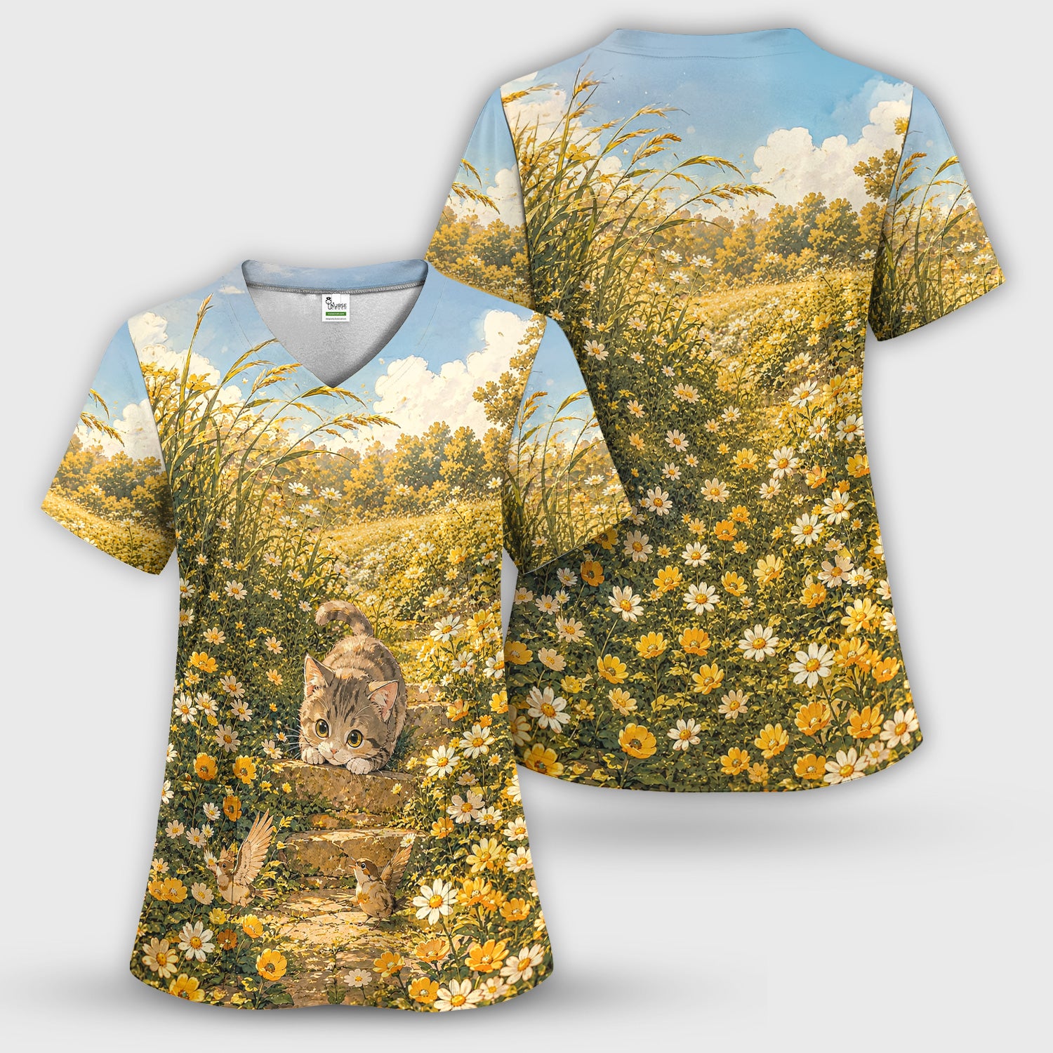 Sunny Garden Cat Nurse Pattern, Floral Medical Scrub Top, Comfortable Scrubs for Nurses
