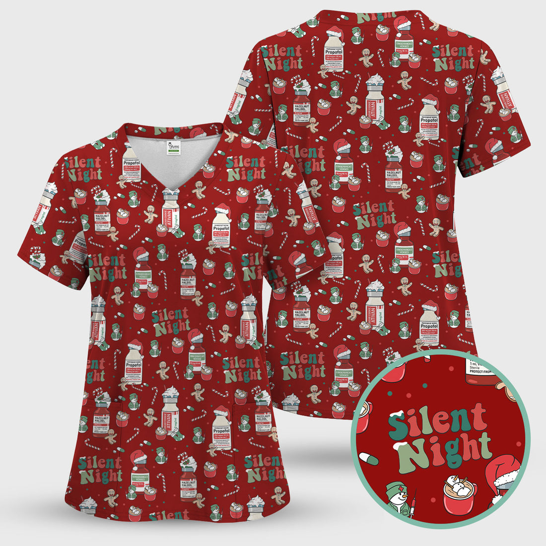 Funny Medicine Scrub Top for Nurses - Silent Night Propofol Print Christmas Scrub Tops with Candy Cane & Gingerbread - Holiday Medical Shirt Gift for RN CNA LPN