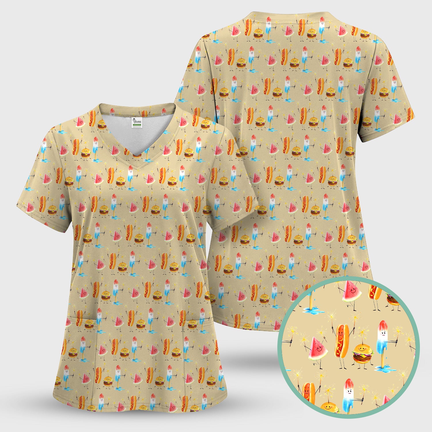 Funny Summer Food Icons Pattern Scrub Set, Breathable Fabrics Nursing Uniform