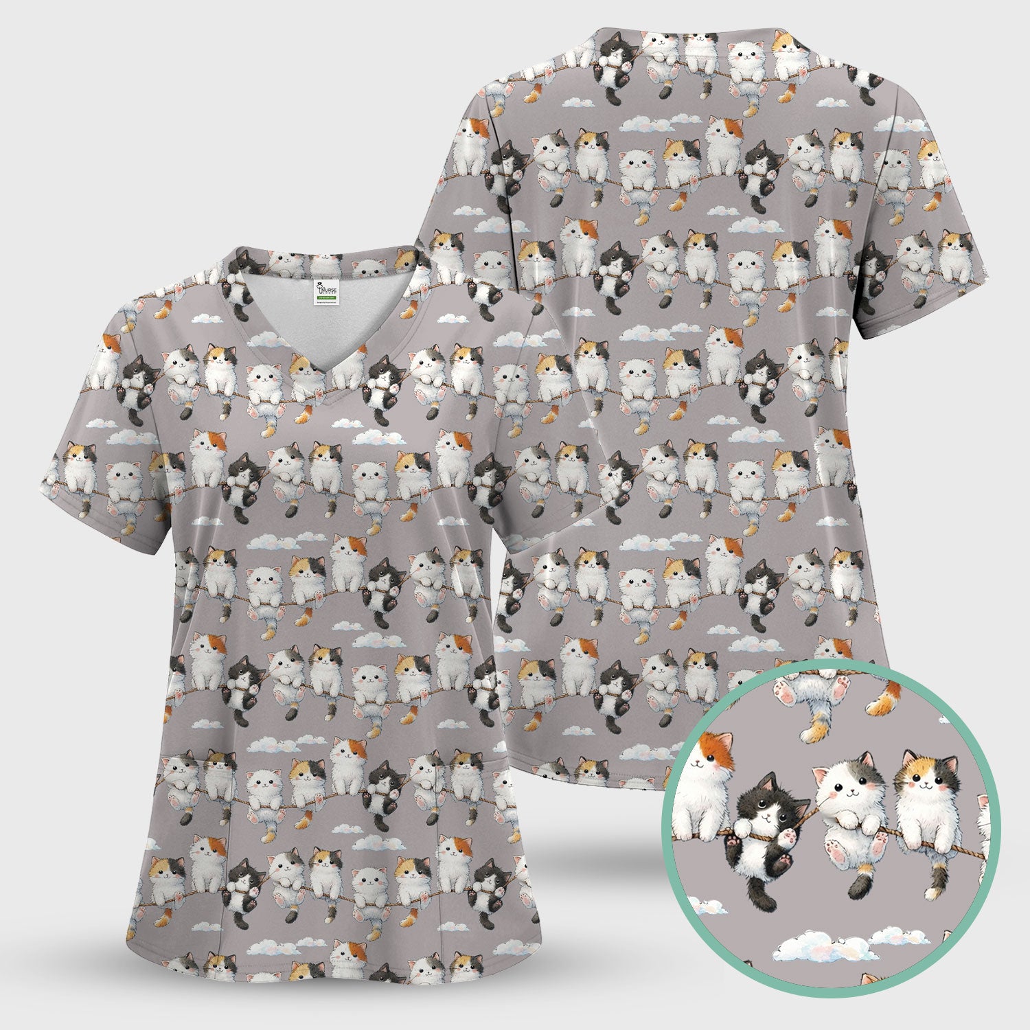 Cute Cats Sitting on Rope Pattern Scrubs Top, Comfortable Scrubs for Nurses