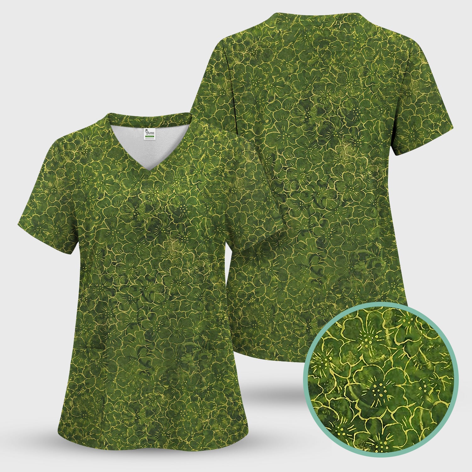Green Floral Blossom Pattern Scrub Set, Scrub Pants and V Neck Top