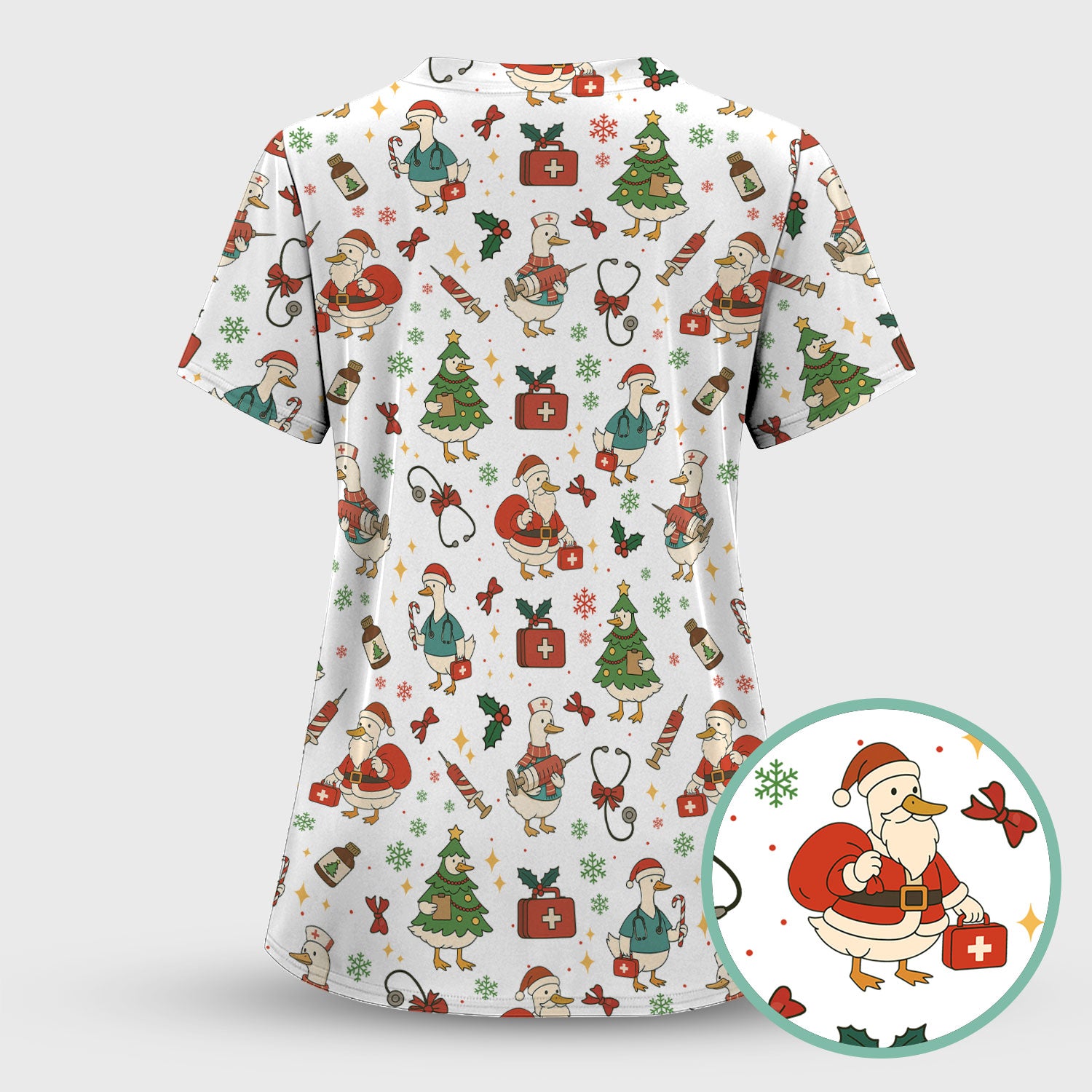 Christmas Duck Nurse Scrub Top for Women - Cute Santa Claus Pattern - Funny Holiday Nursing Shirt Gift for RN LPN CNA