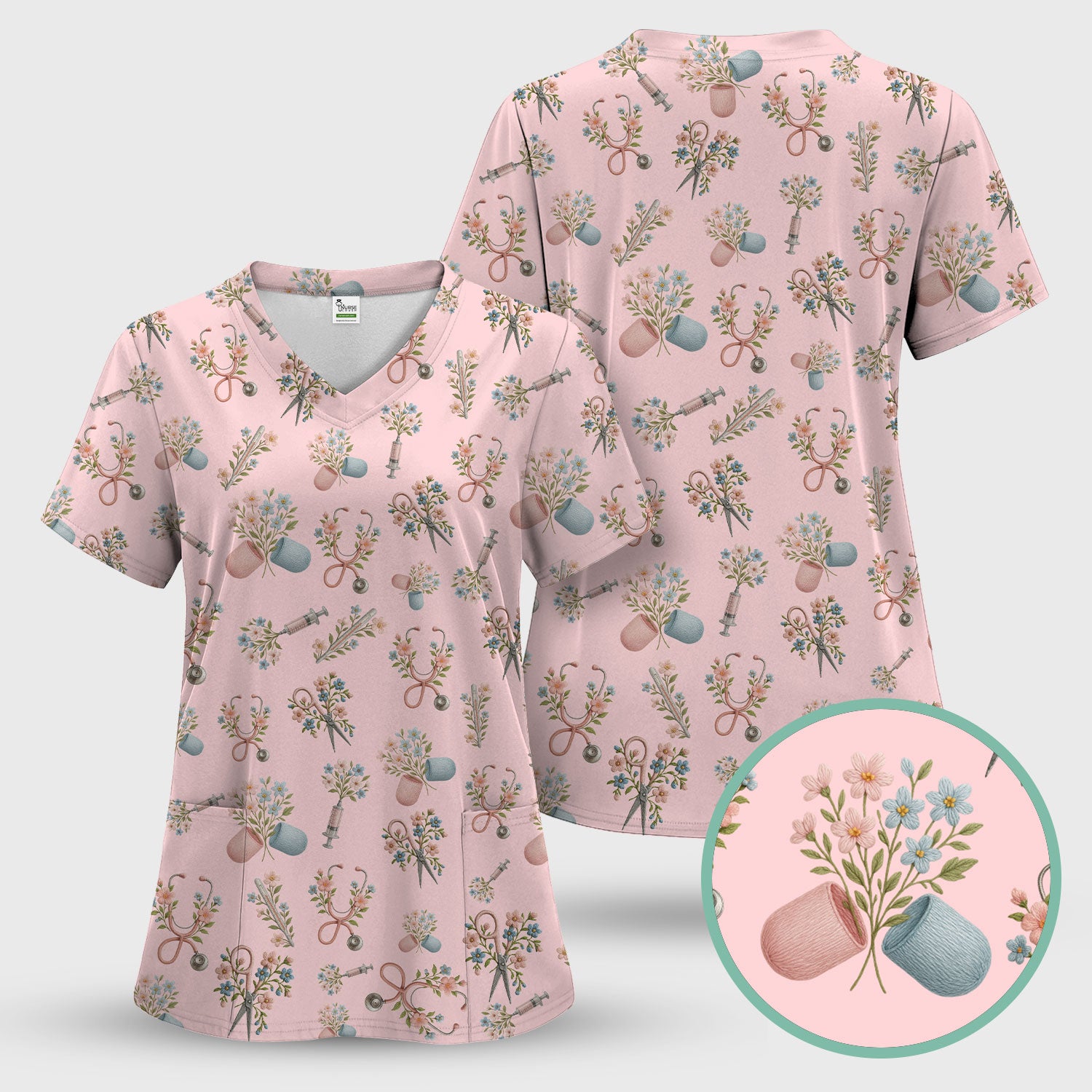 Floral Medical Scrub Top, Elegant Stethoscope With Flower Nursing Shirt, Breathable Fabrics Nurse Uniform
