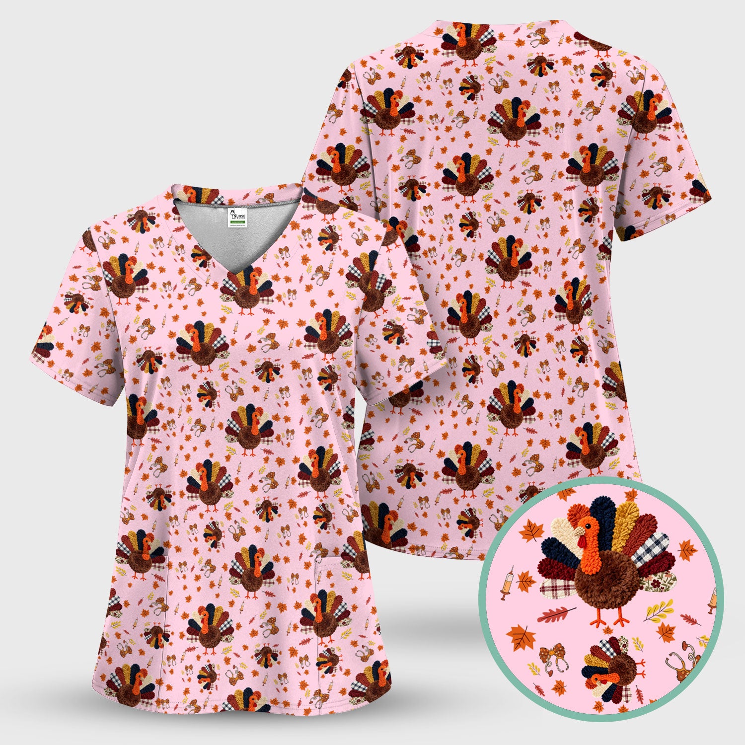 Funny Thanksgiving Nurse Scrub Top - Fall Leaves and Pumpkin Shirt - Autumn Turkey Med Uniform Gift for RN CNA LPN