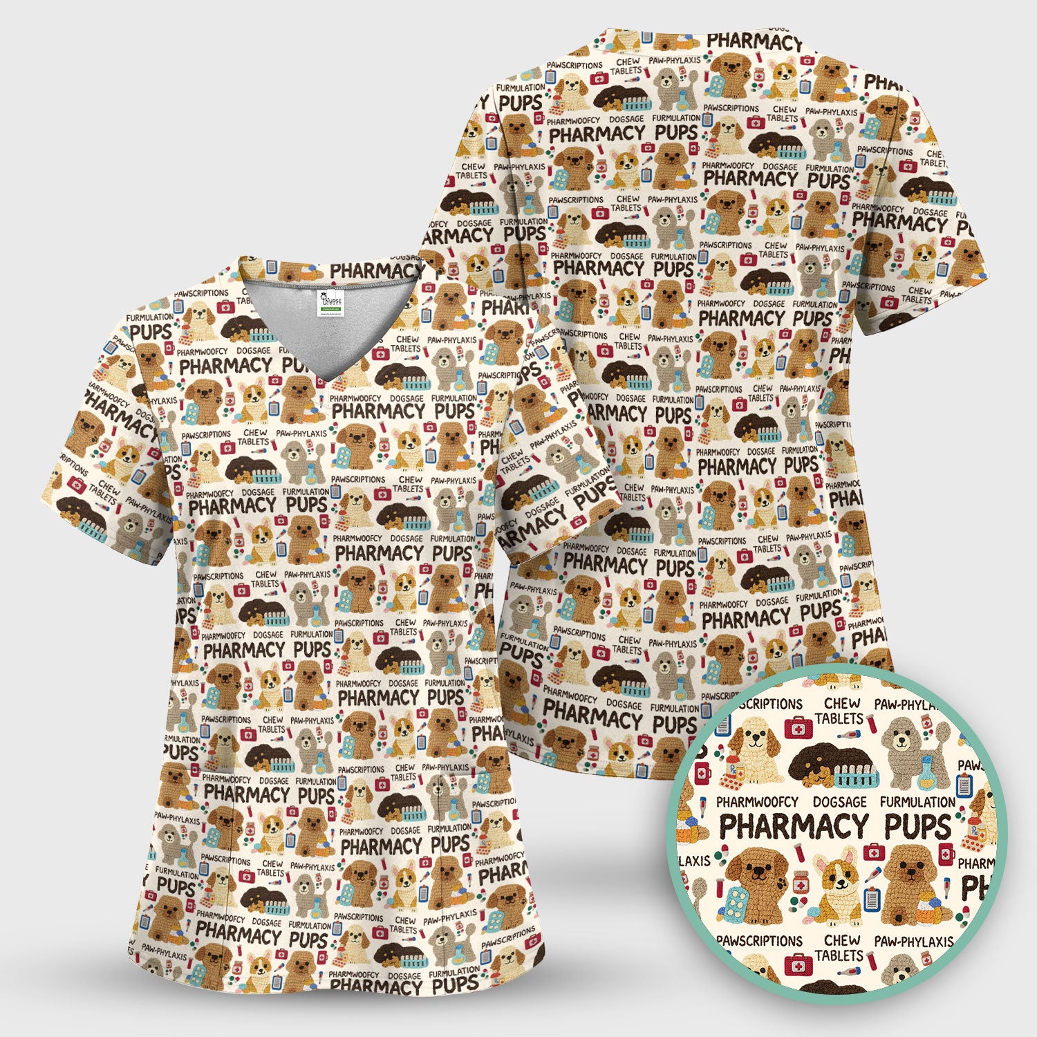 Pharmacy Pups Scrub Top for Women - Cute Dog Pattern Medical Shirt for Pharmacists & Vet Techs - Fun Blue Pharmacy Nurse Uniform