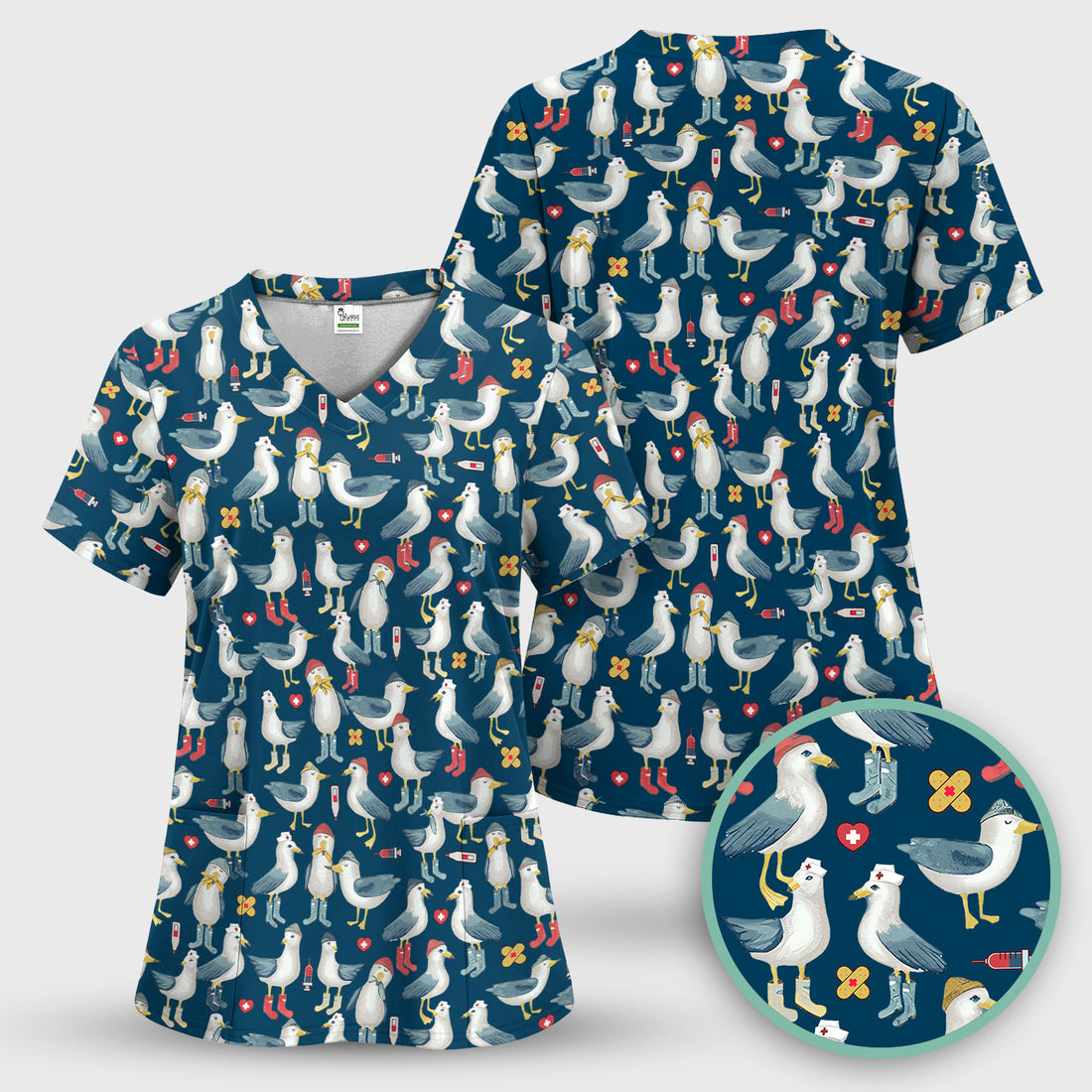 Funny Seagull Nurse Scrub Top - Cute Bird with Medical Icons - Comfortable Scrubs for Women