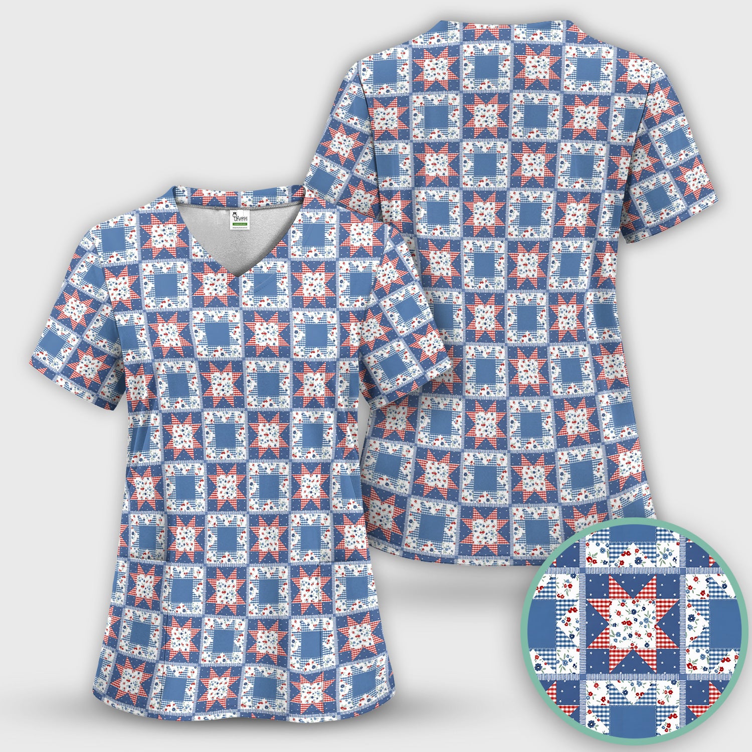 Vintage Patchwork Star Quilt Pattern Scrub Set, Scrub Pants and V Neck Top
