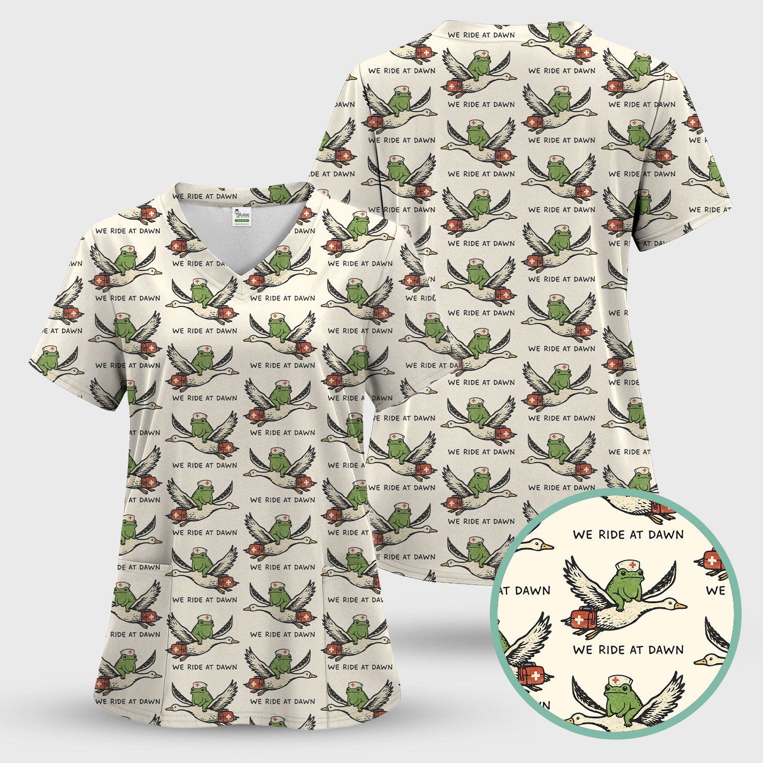 Funny Frog Riding Goose Nurse Pattern Scrub Set, Nurse Uniform Scrubs Set
