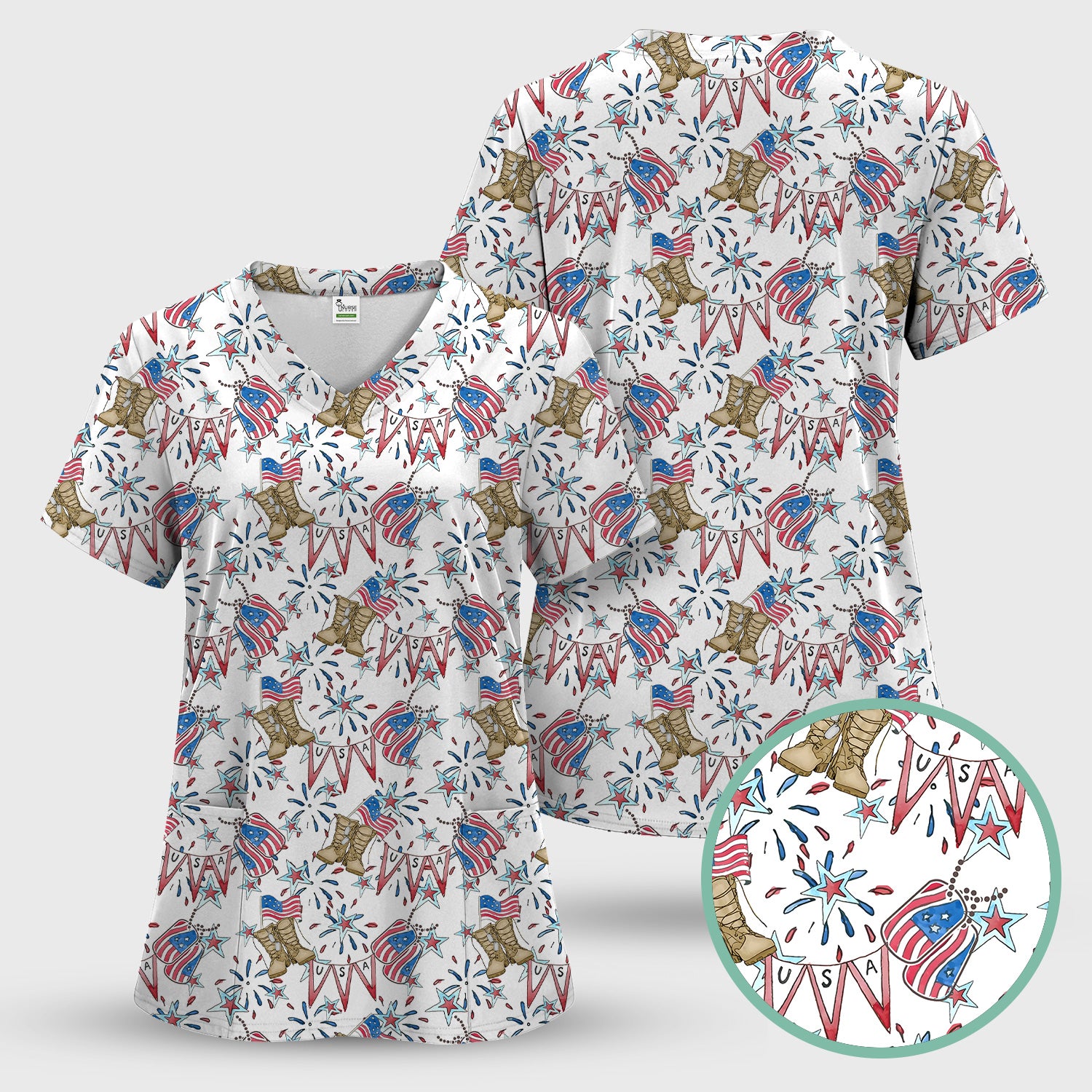 USA Boots Banner Pattern Scrub Top, Comfortable Scrubs for Nurses