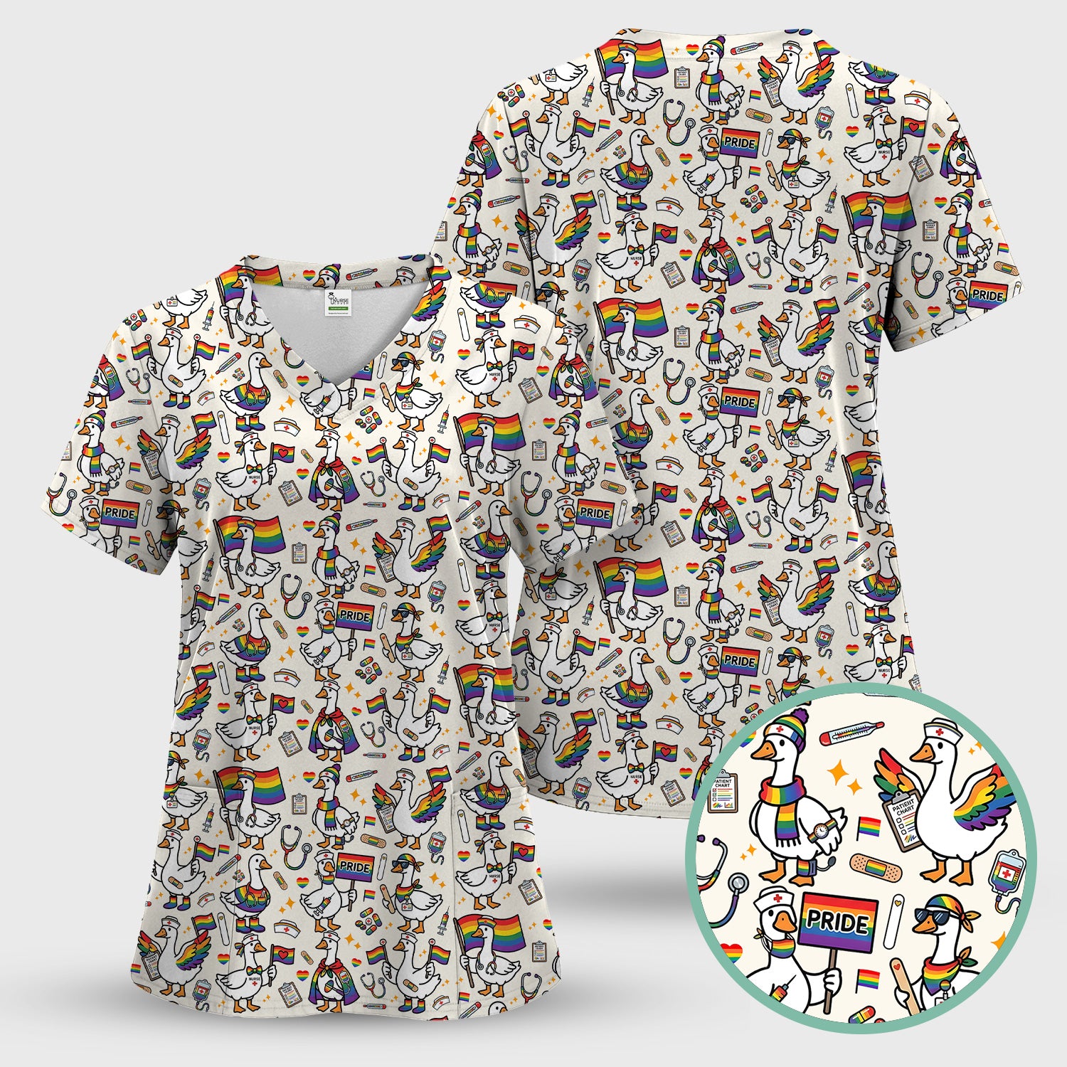 LGBT Pride Nurse Duck Pattern Scrub Top, Breathable Fabrics Nursing Uniform