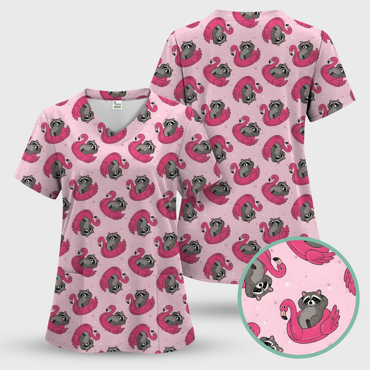 Cute Raccoon Flamingo Float Pattern Scrub Set, Scrub Pants and V Neck Top