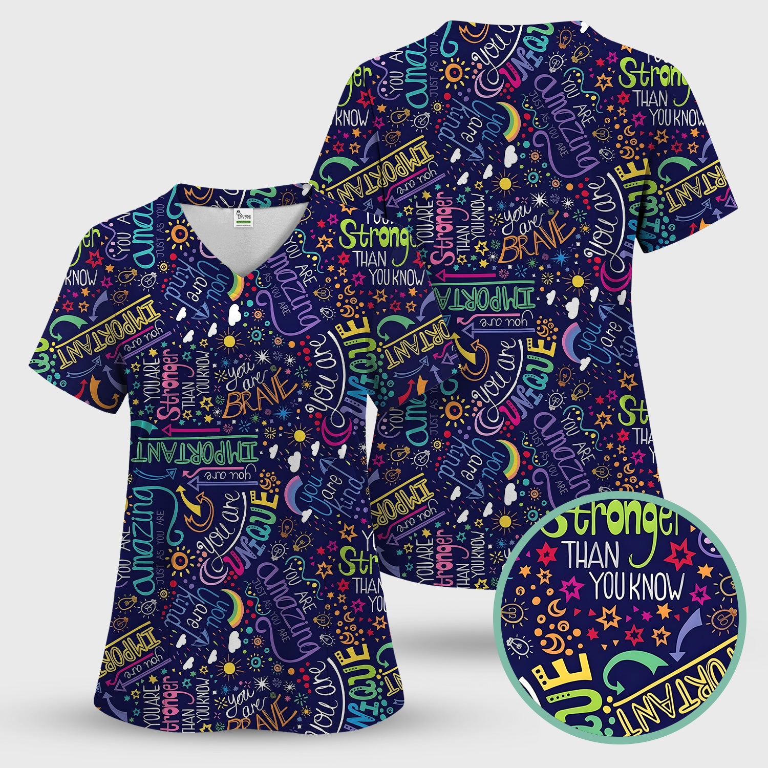 Inspirational Quote Pattern Scrub Set, Scrub Pants and V Neck Top