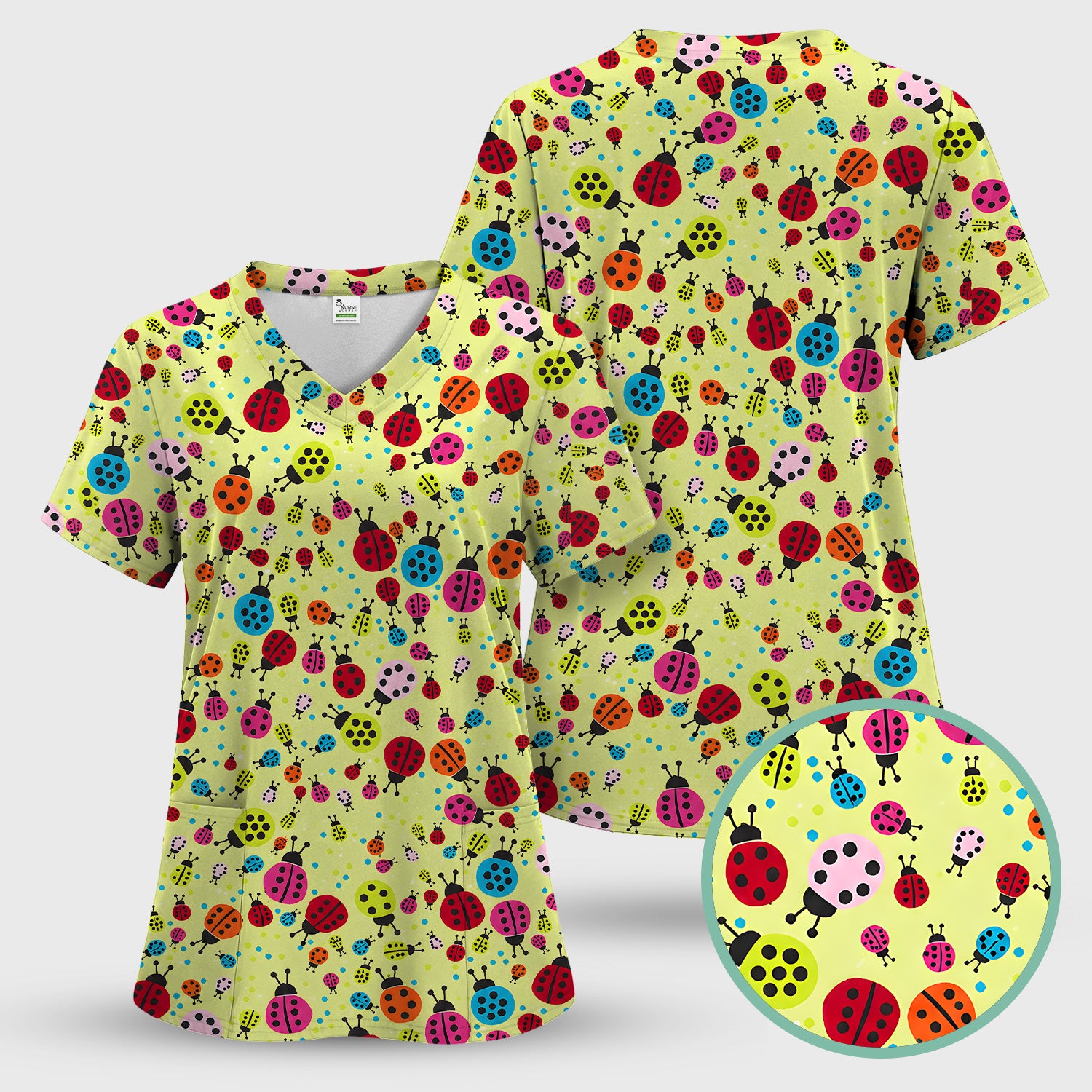 Colorful Ladybug Garden Pattern Scrub Top, Comfortable Scrubs for Nurses