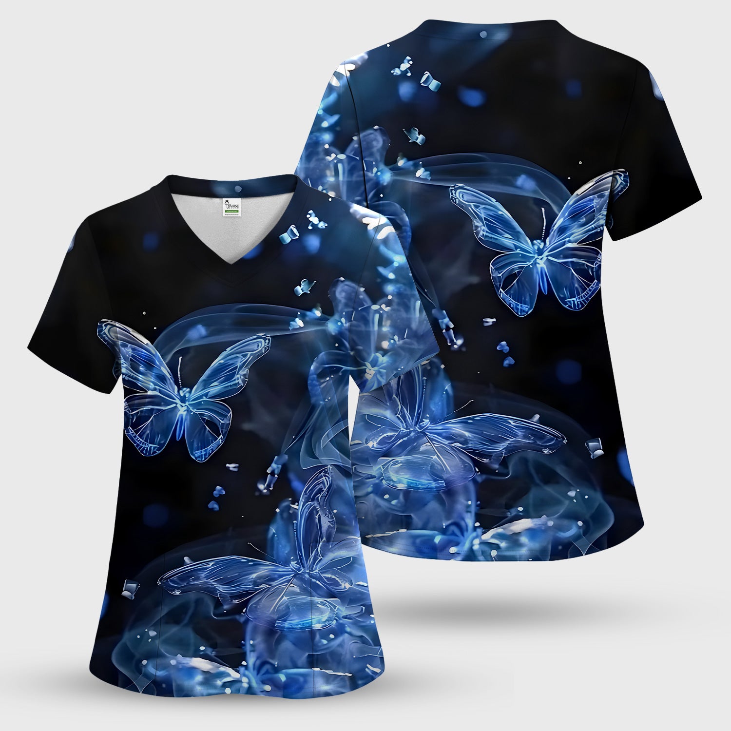 Glowing Blue Butterfly Garden Pattern Scrub Top, Comfortable Scrubs for Nurses