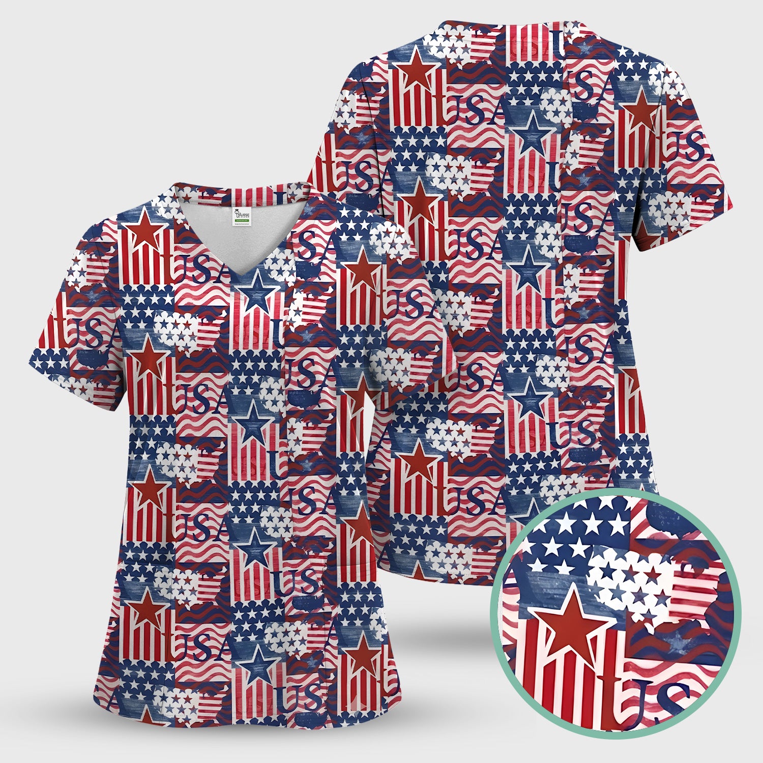 Patriotic USA Star Patchwork Pattern Scrub Set, Scrub Pants and V Neck Top