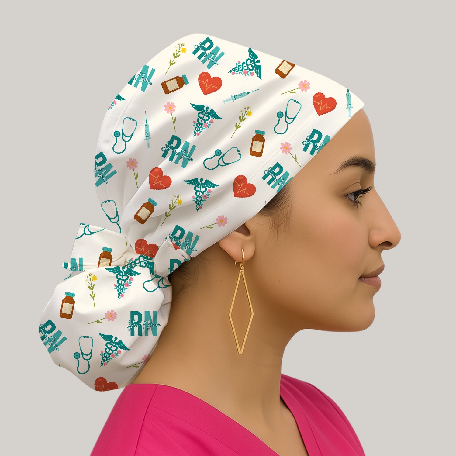 Personalized RN Scrub Cap - Cute Medical & Floral Design - Gift for CNA, LPN, Medical Worker